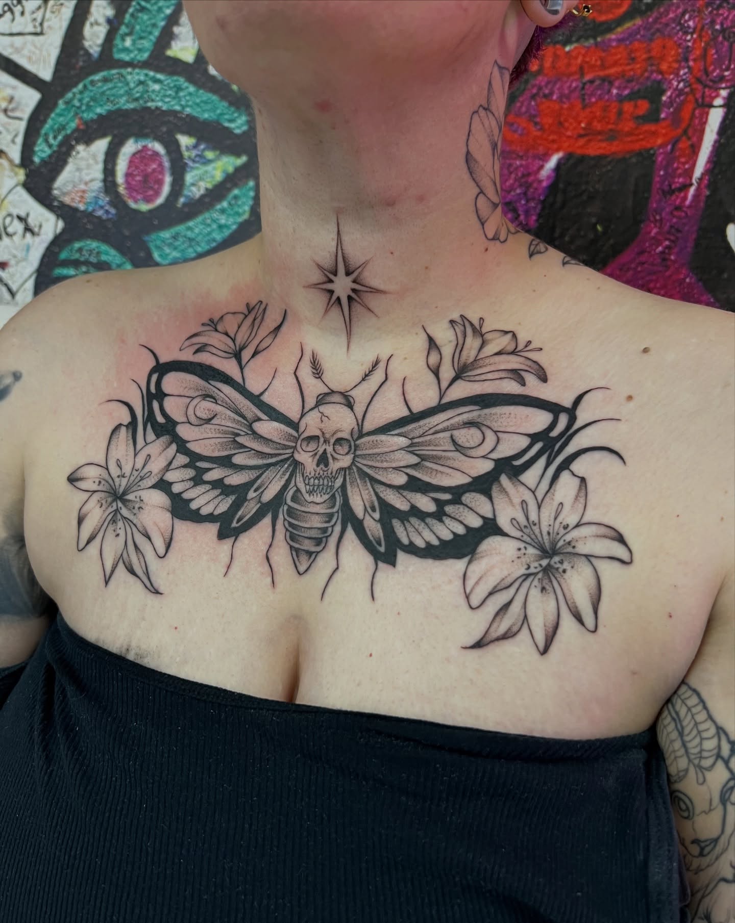 Moth skull with flowers realism tattoo on the chest by Nadia ★