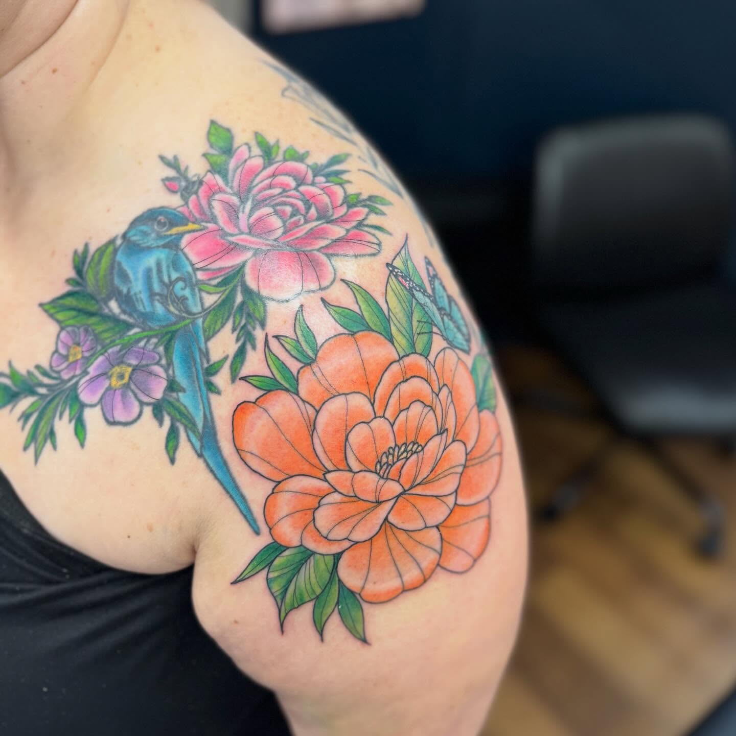 Peony and bird new school tattoo on the shoulder by Erica Rose π€