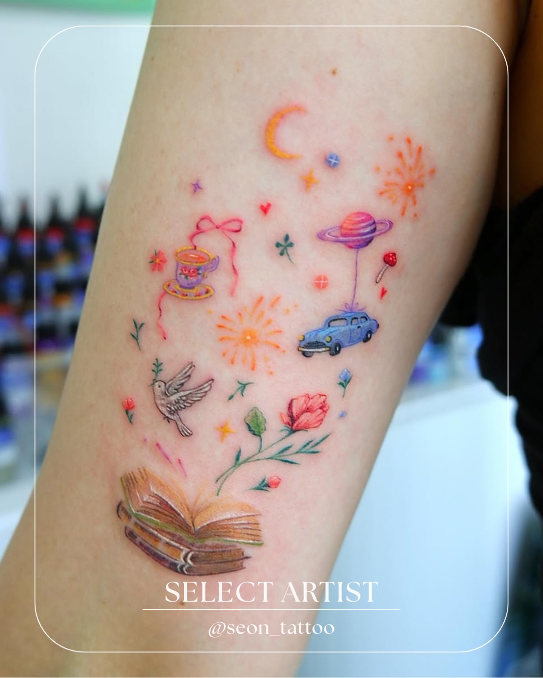 Fantasy elements dotwork tattoo on the forearm by 타투 Seon 컬러타투