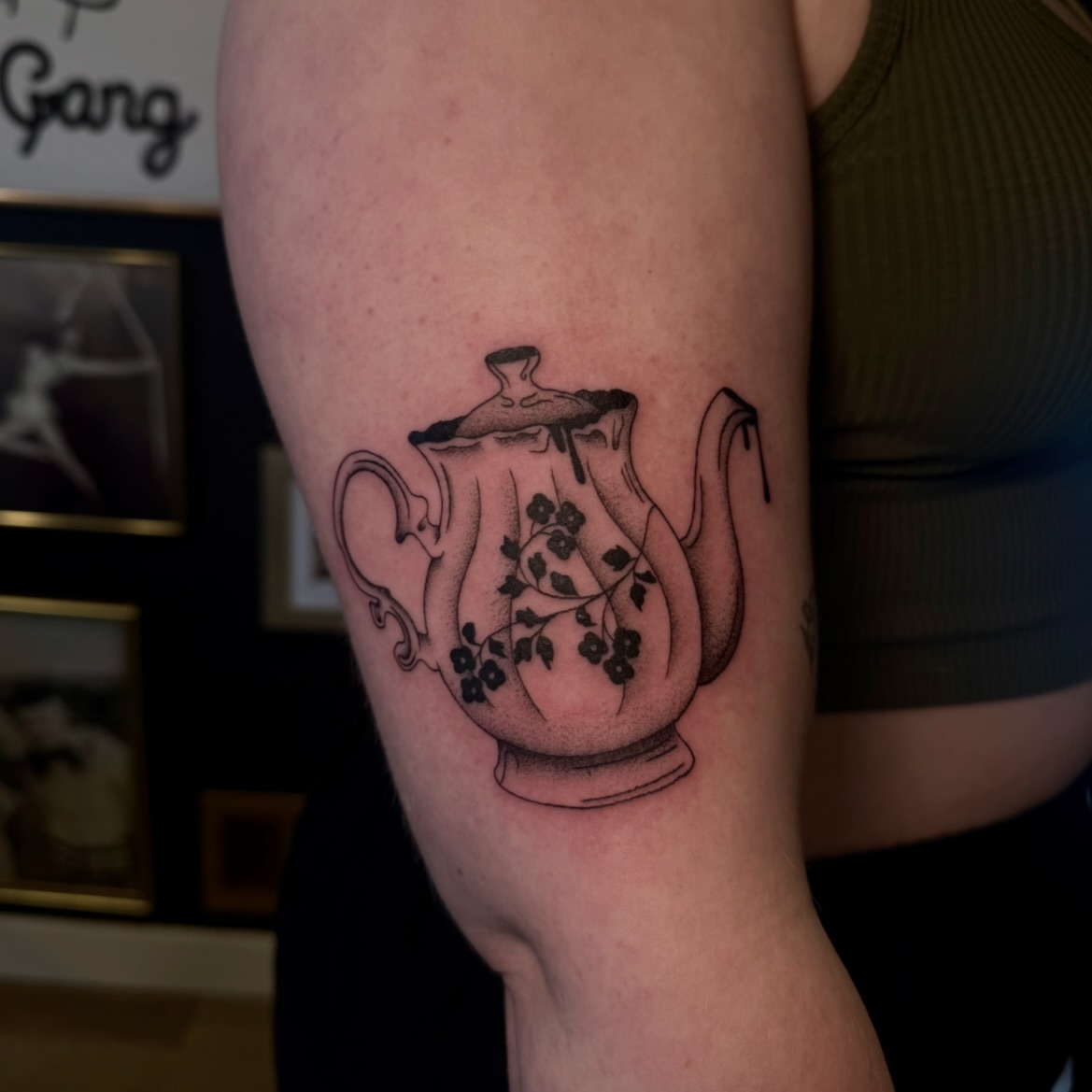 Teapot black and grey tattoo on the forearm by Ki ☆ SLC TATTOO ARTIST