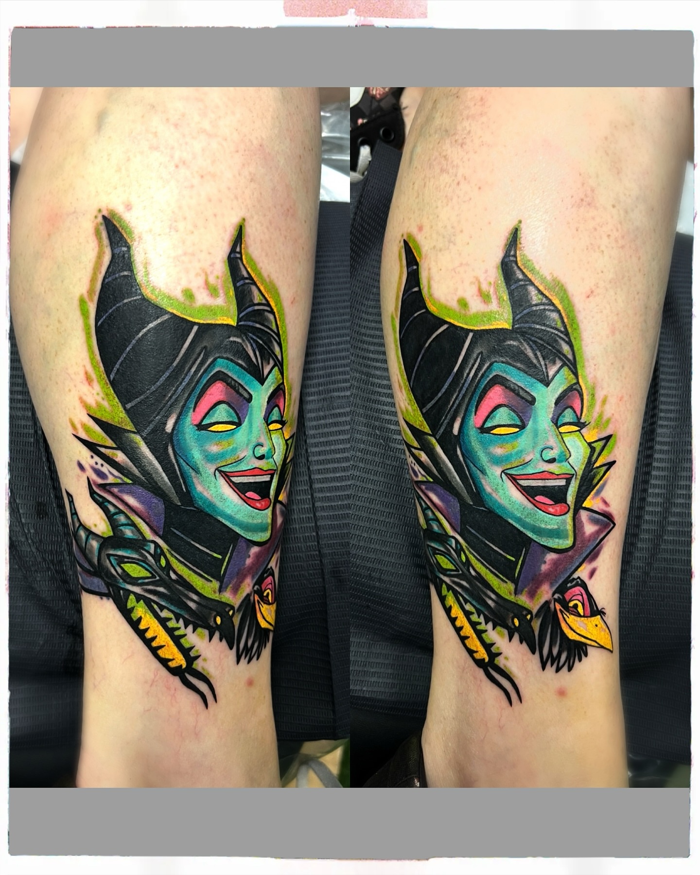 Maleficent American traditional tattoo on the forearm by Hugh Anthony Washington, Hattiesburg, Mississippi
