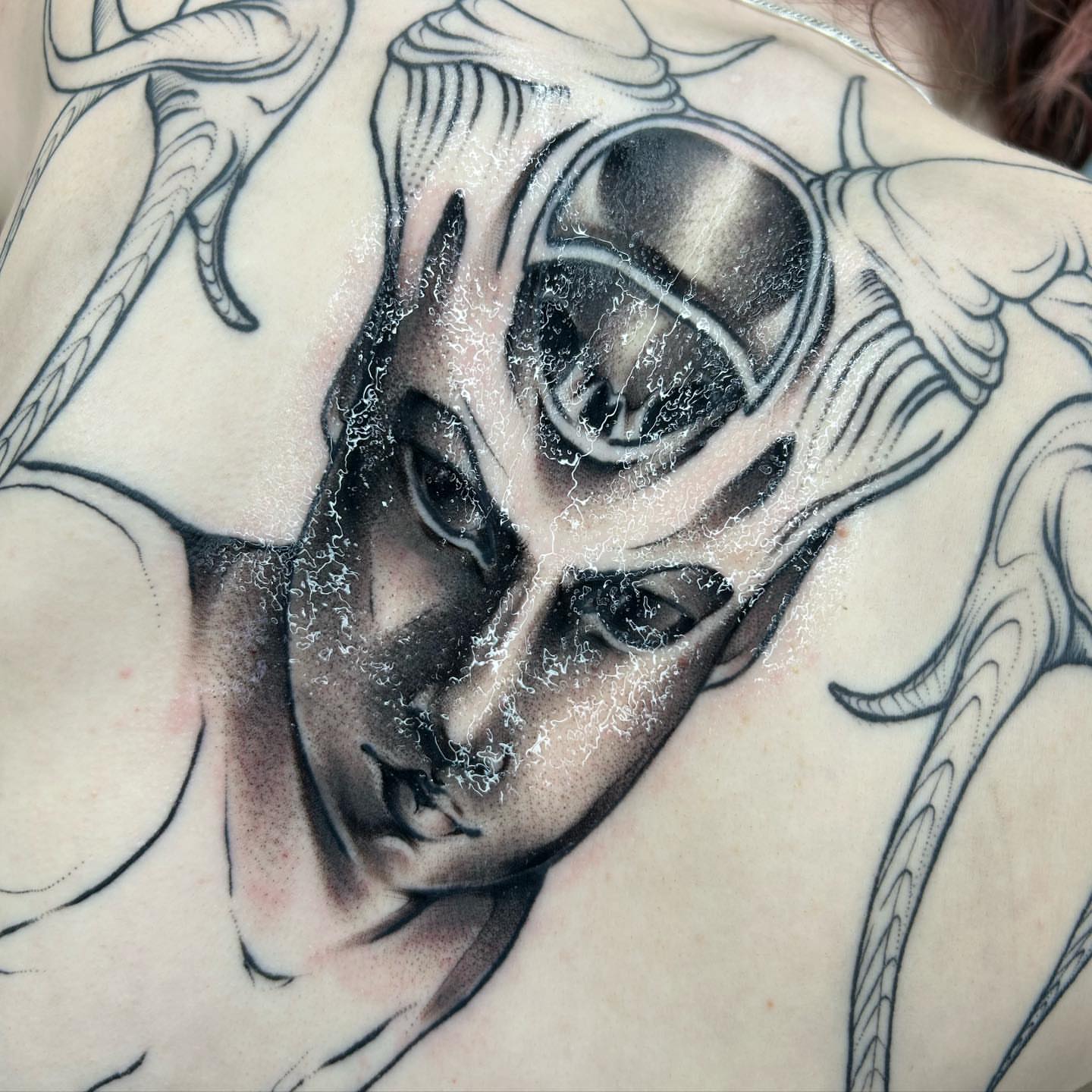 Mask realism tattoo on the shoulder by Tatijana., Kettering, Ohio