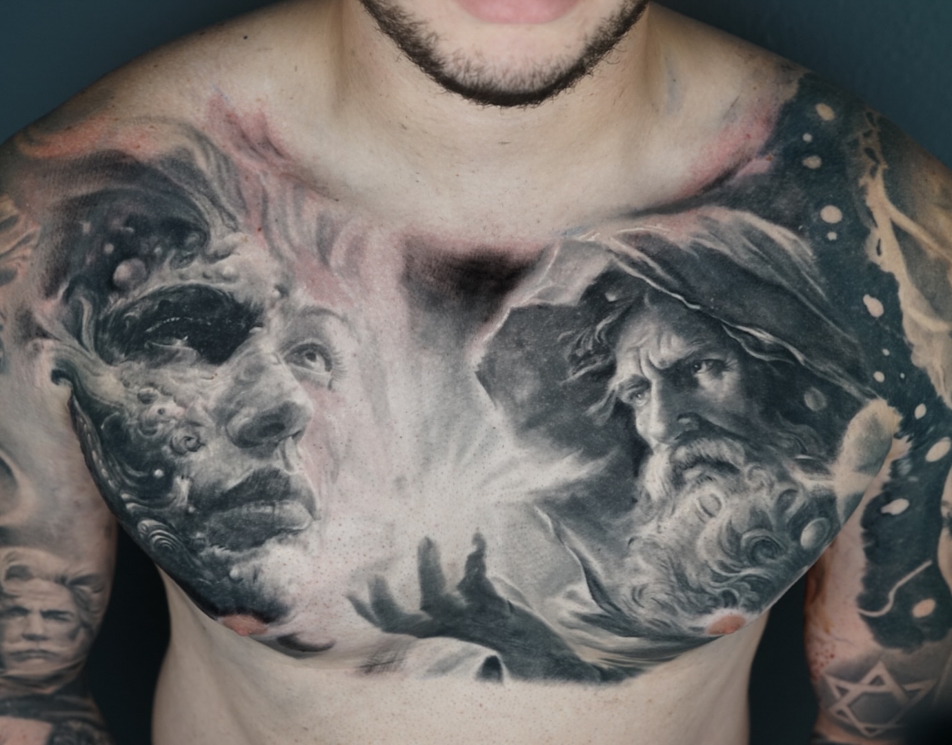 Mythical figures realism tattoo on the chest by Jose Carlos