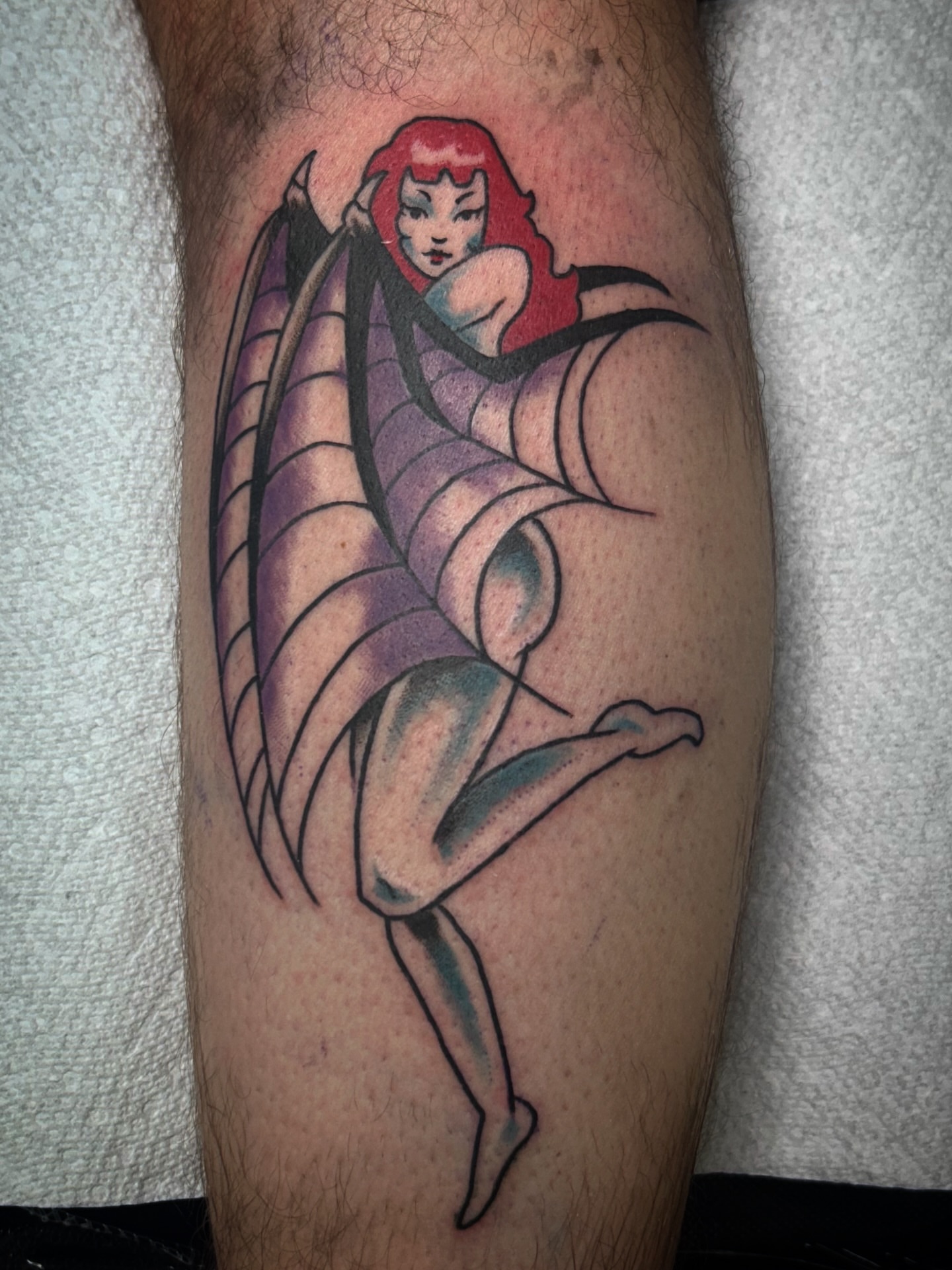 Winged woman American traditional tattoo on the thigh by キノ 🦊
