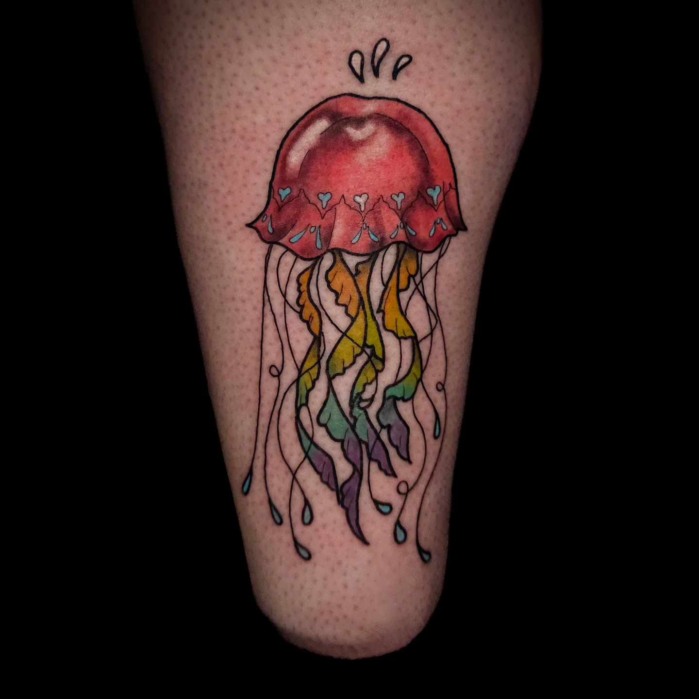 Jellyfish watercolor tattoo on the calf by Eva the Tattoo Fartist in Seattle, WA, Seattle, Washington