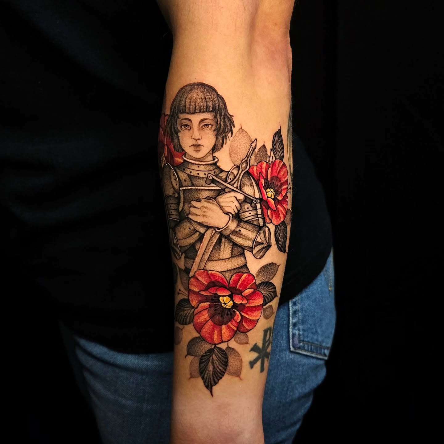 Medieval knight with flowers American traditional tattoo on the forearm by Jesseca Chinchilla