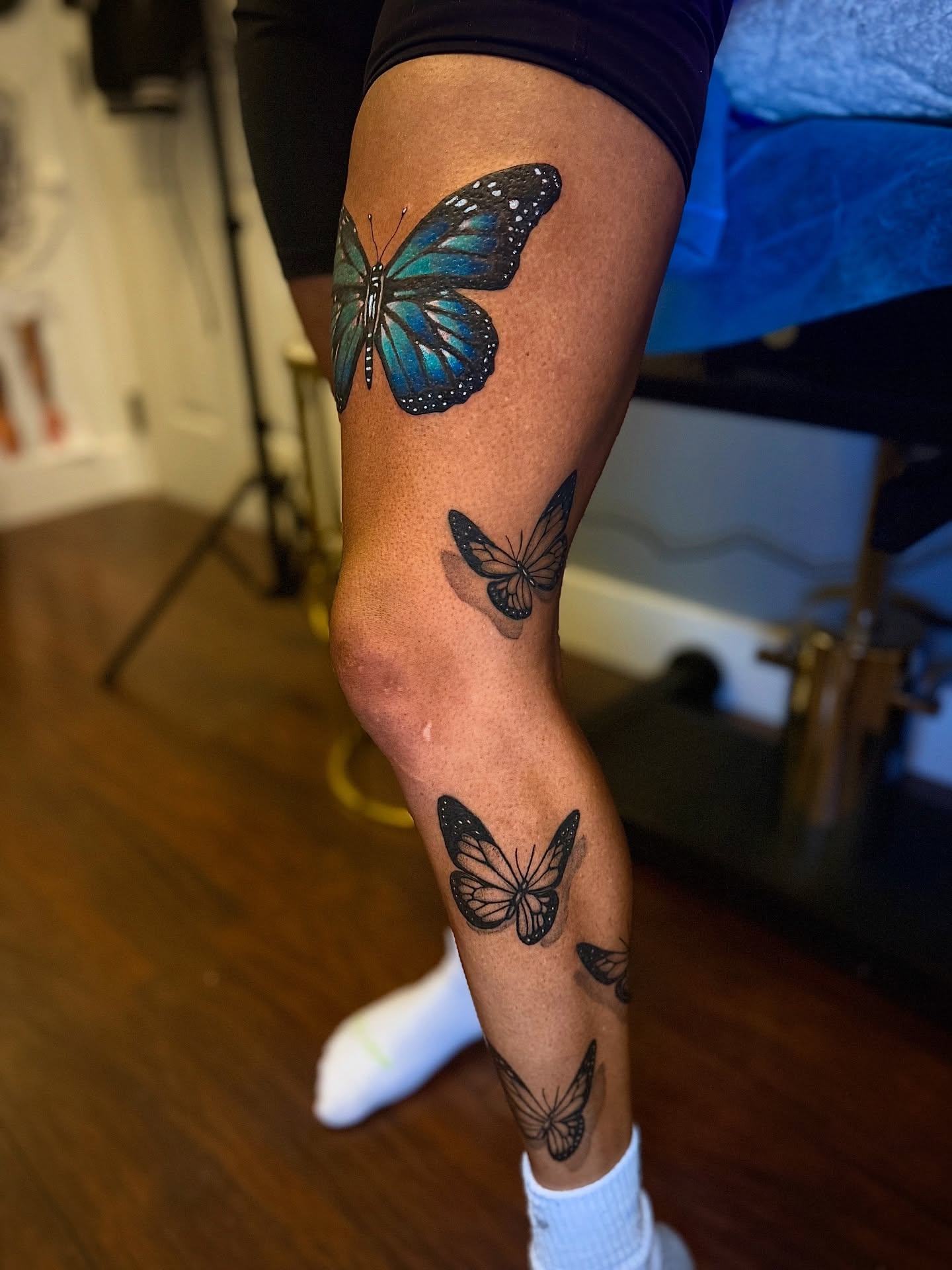 Butterflies realism tattoo on the calf by Pikashi 🎨🖌️🖤