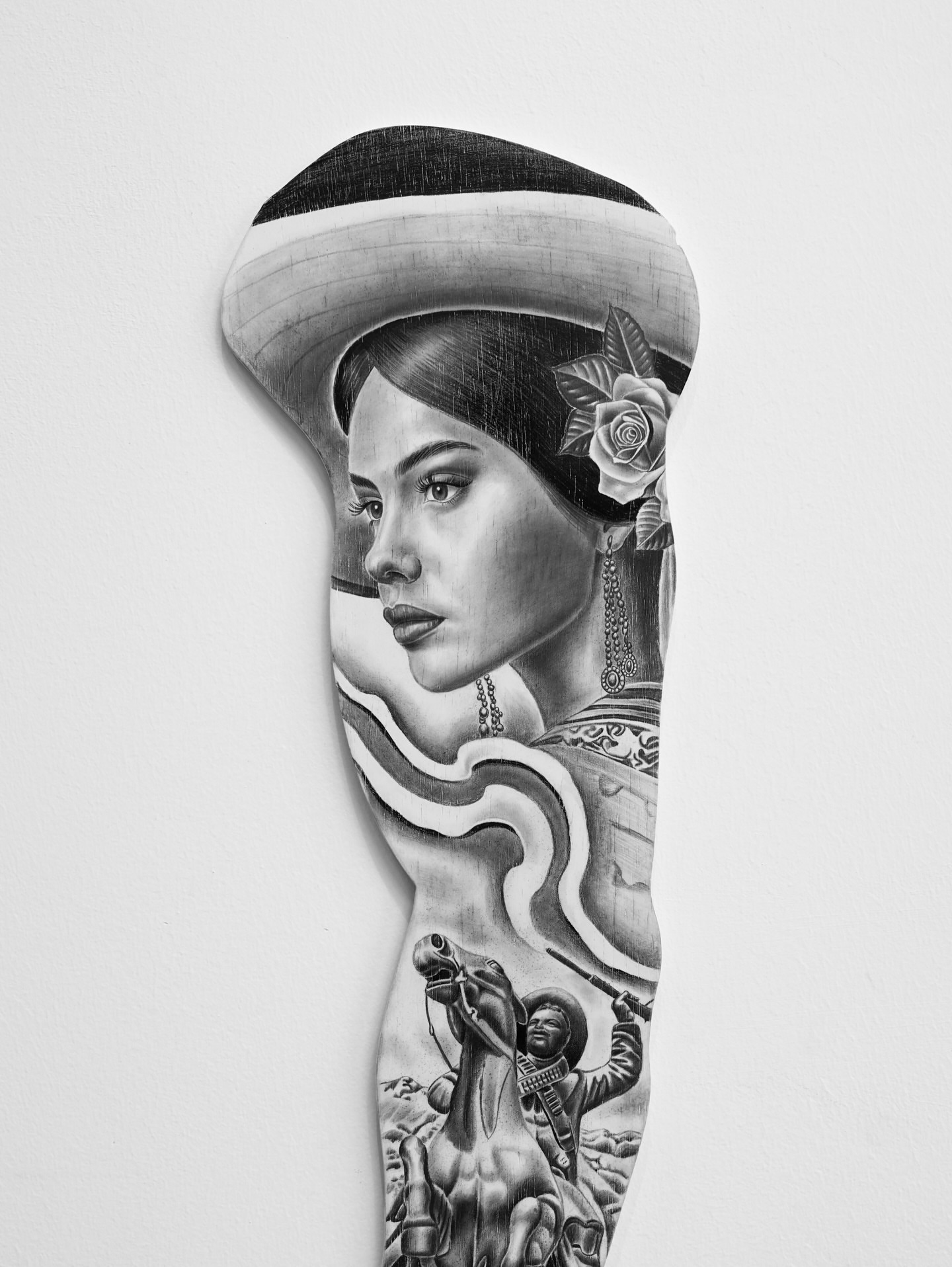Woman with sombrero realism tattoo on the forearm by Luis Peña