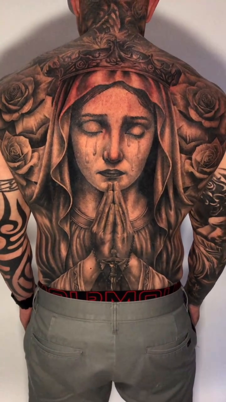 Virgin Mary with roses realism tattoo by Danny Rodriguez