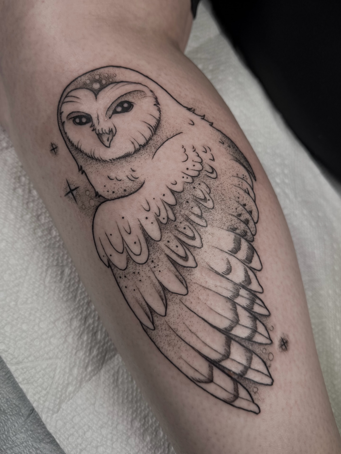 Owl dotwork tattoo on the forearm by Ally Ghastly, Eugene, Oregon