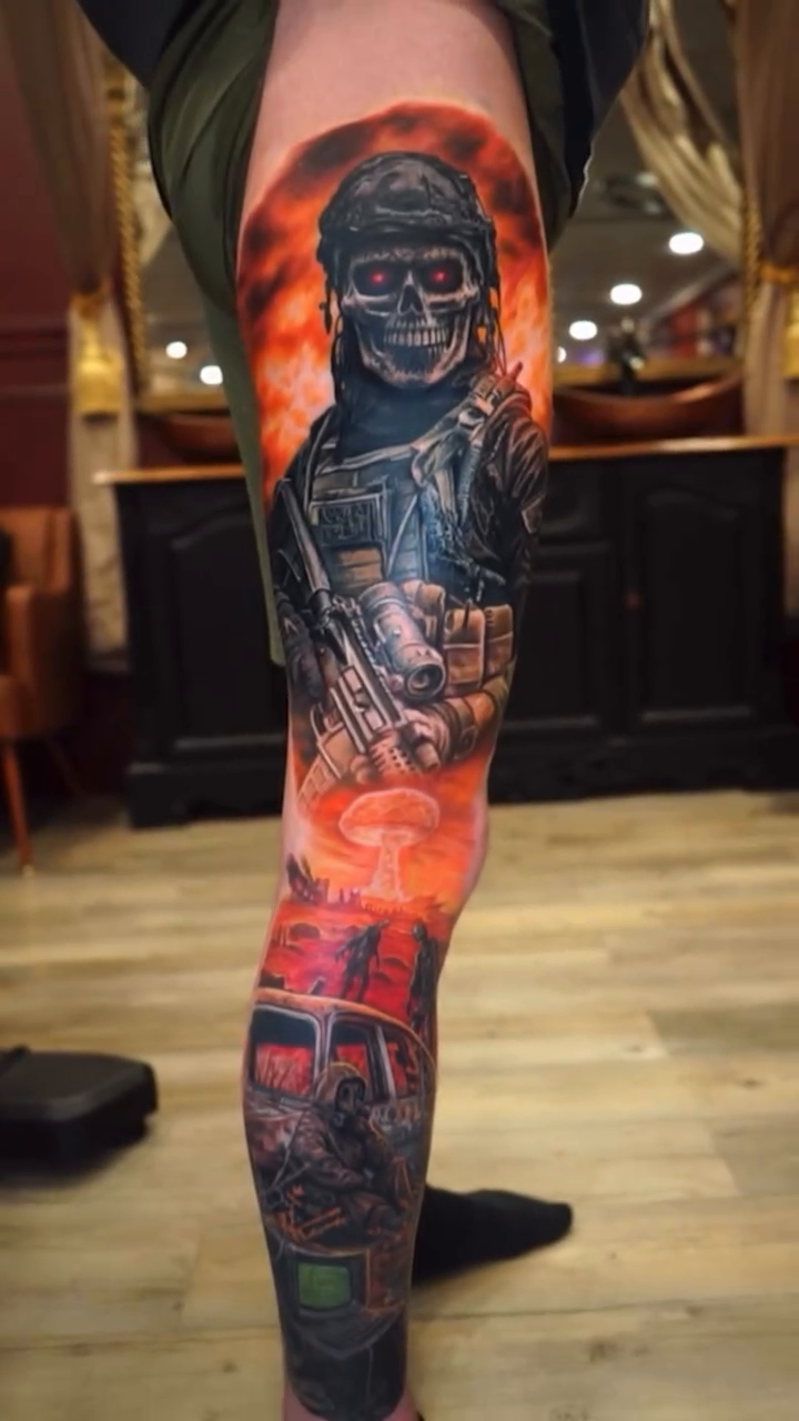 Post-apocalyptic soldier with skull realism tattoo by Tony Johnson - Tattoo Artist, Huntsville, Alabama