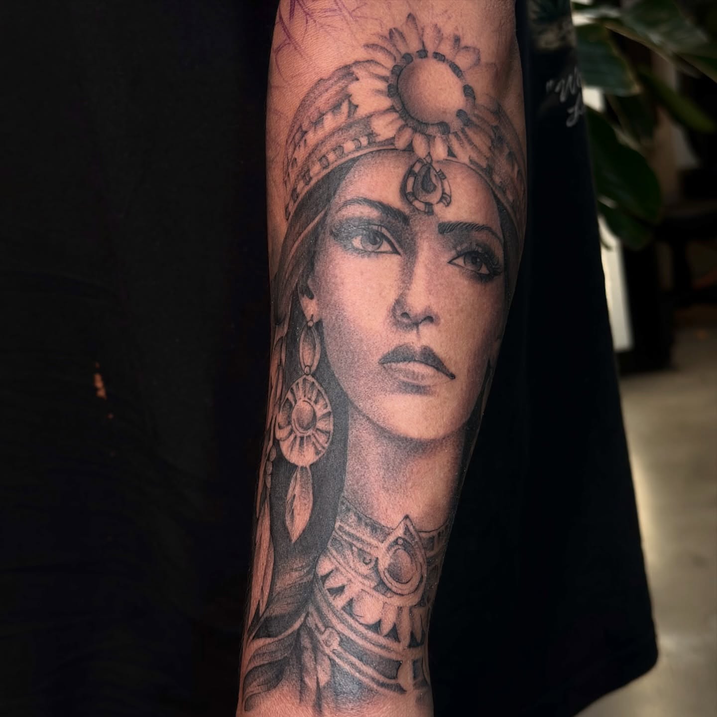 Indian woman realism tattoo on the forearm by Joe Cruz