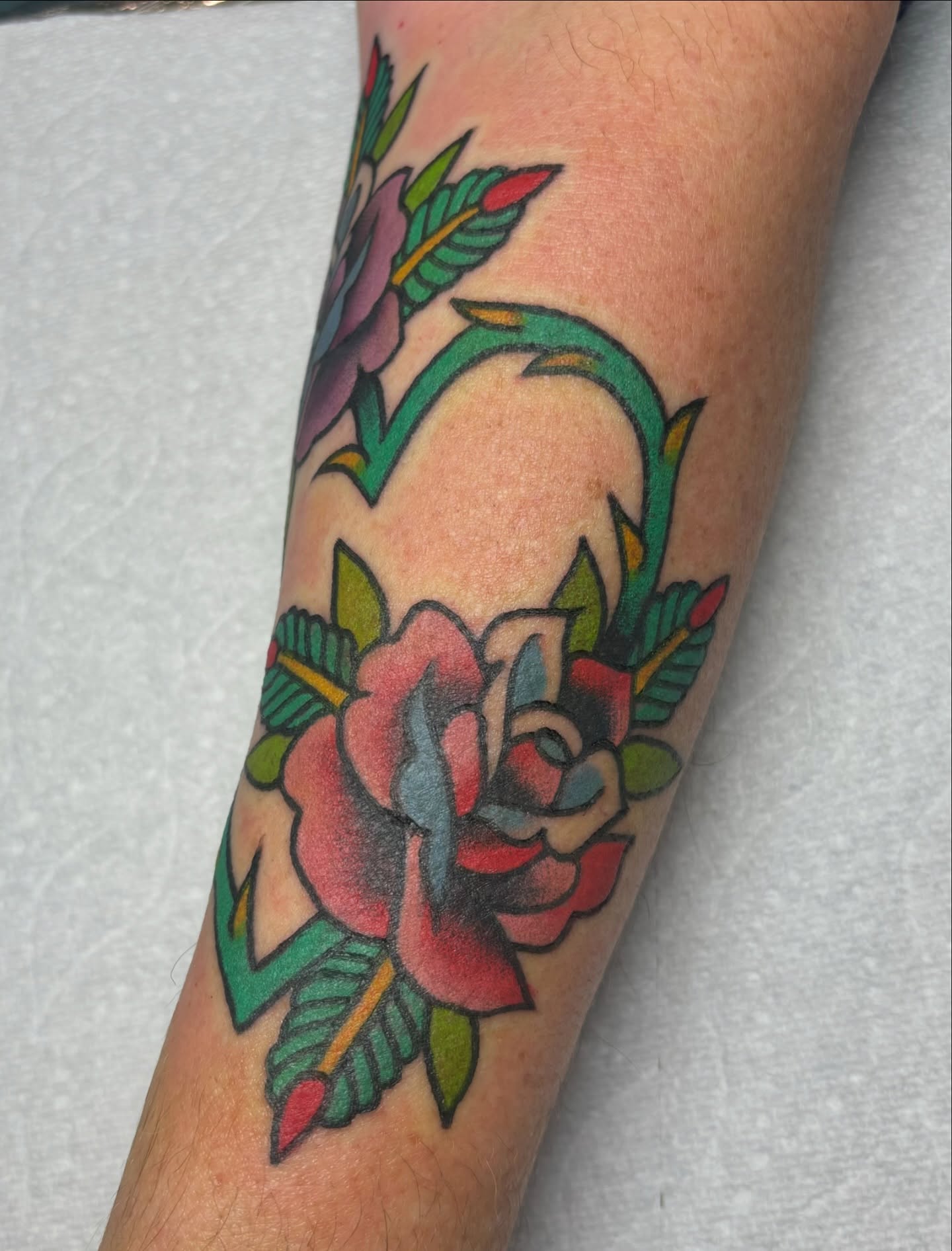 Anchor and roses American traditional tattoo on the forearm by edith🌷, Murfreesboro, Tennessee