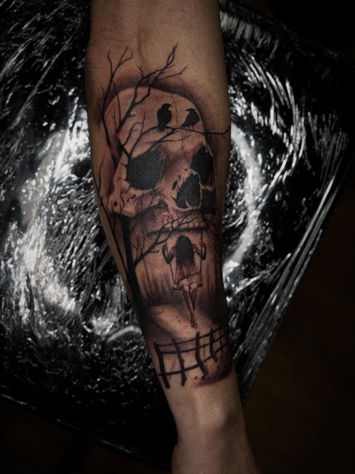Skull and crow dark realism tattoo on the forearm by Ashley Hsiung *Panda*