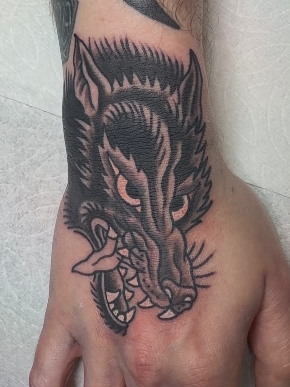 Wolf head American traditional tattoo on the hand by Trevor Berry