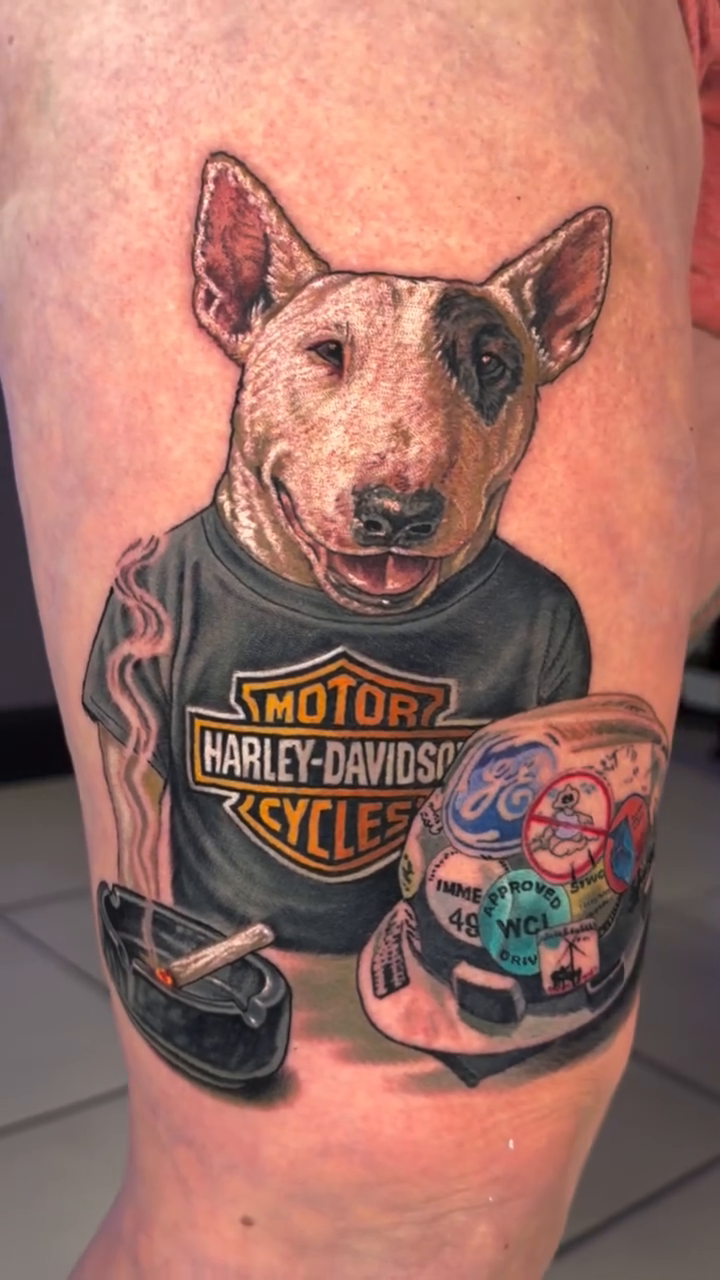 Bull terrier and t-shirt realism tattoo by Steven Pelkey, Eastpointe, Michigan