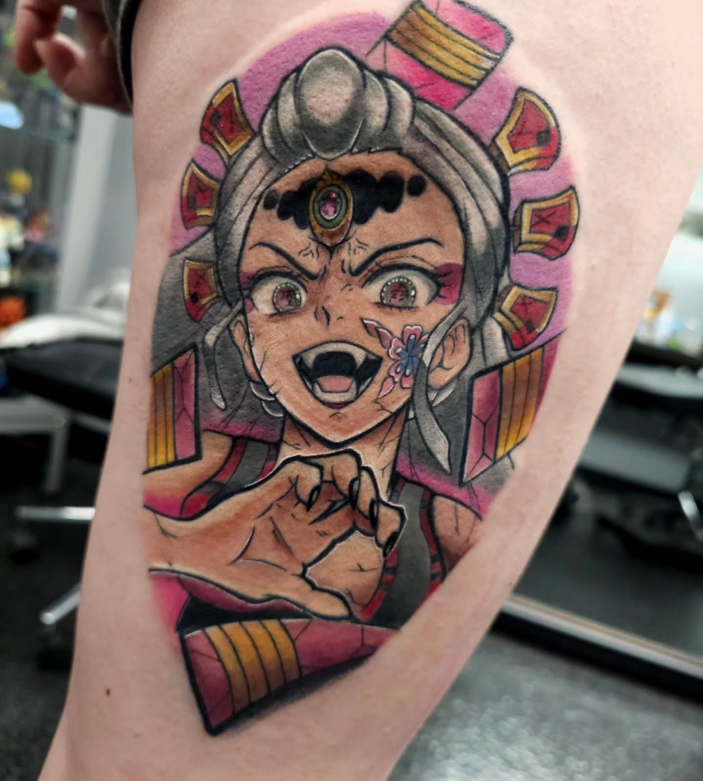 Anime character anime tattoo on the thigh by Devan Vankirk