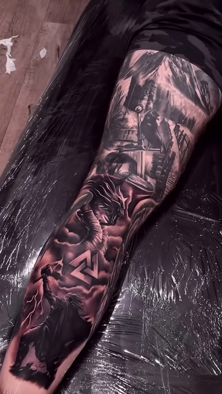 Viking warrior and runes realism tattoo by Erick Gutierrez, Las Vegas, Nevada