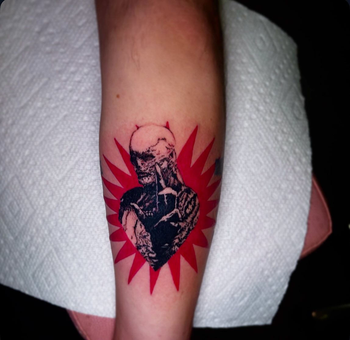 Skull black and grey tattoo on the forearm by Haley Byers
