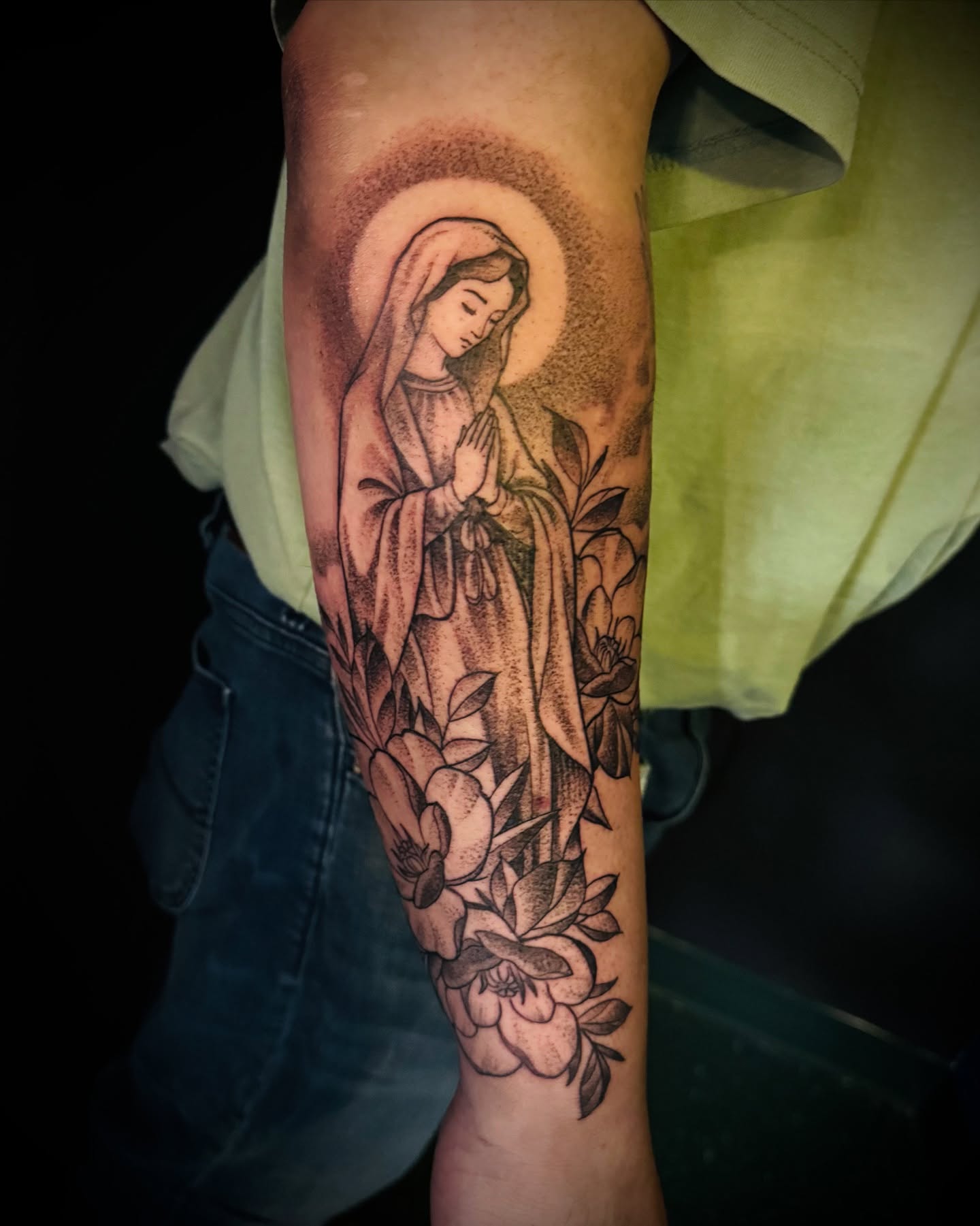 Praying woman black and grey tattoo on the forearm by IX