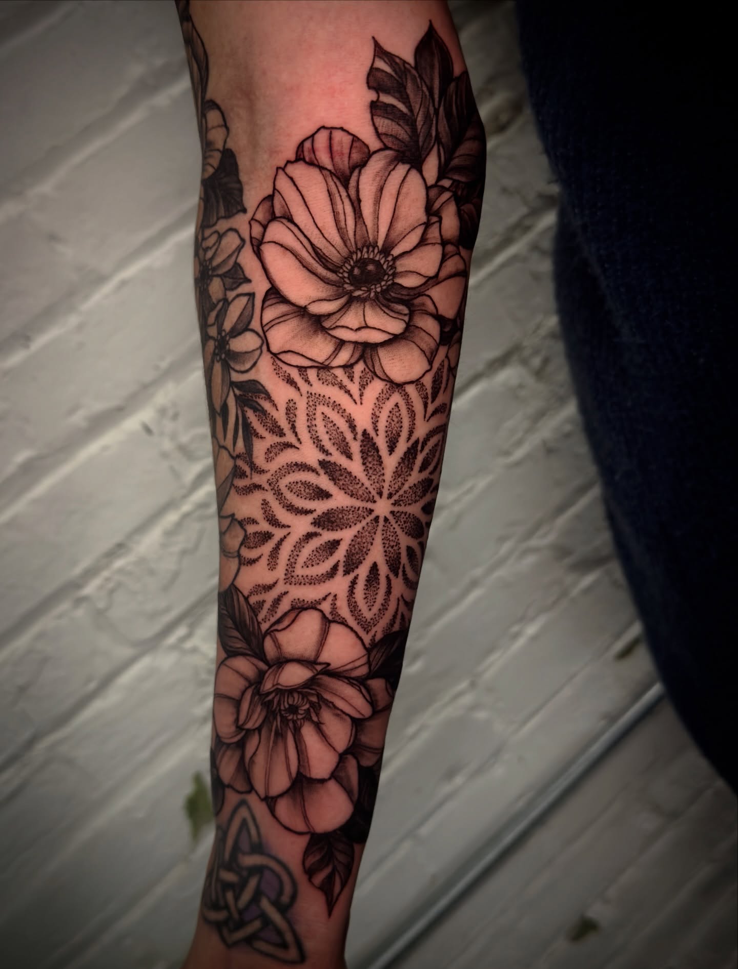 Tattoo by @brock_tattoos — dotwork, black_and_grey