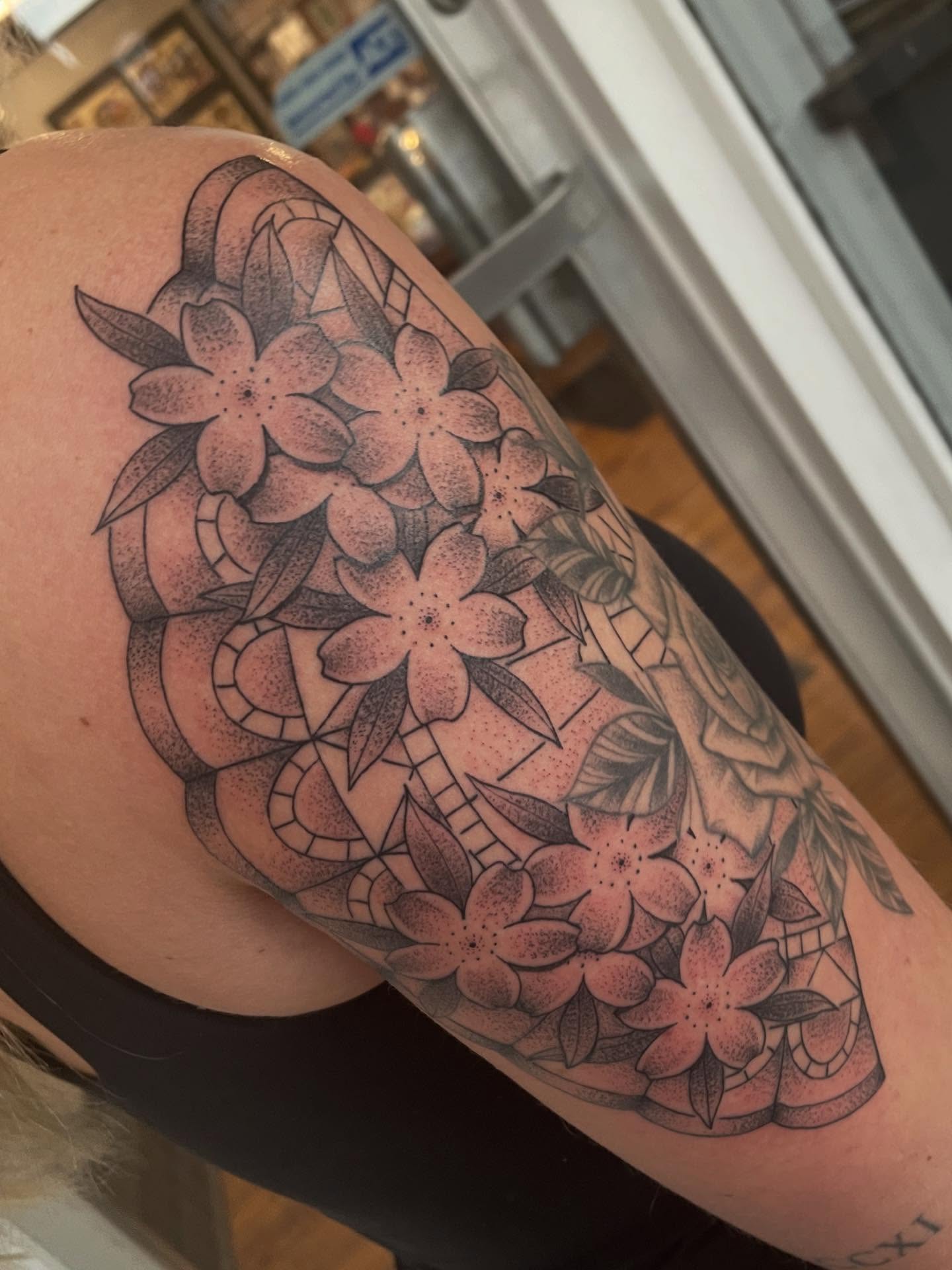 Cherry blossoms dotwork tattoo on the forearm by Andres Patino 🇪🇨🇺🇸