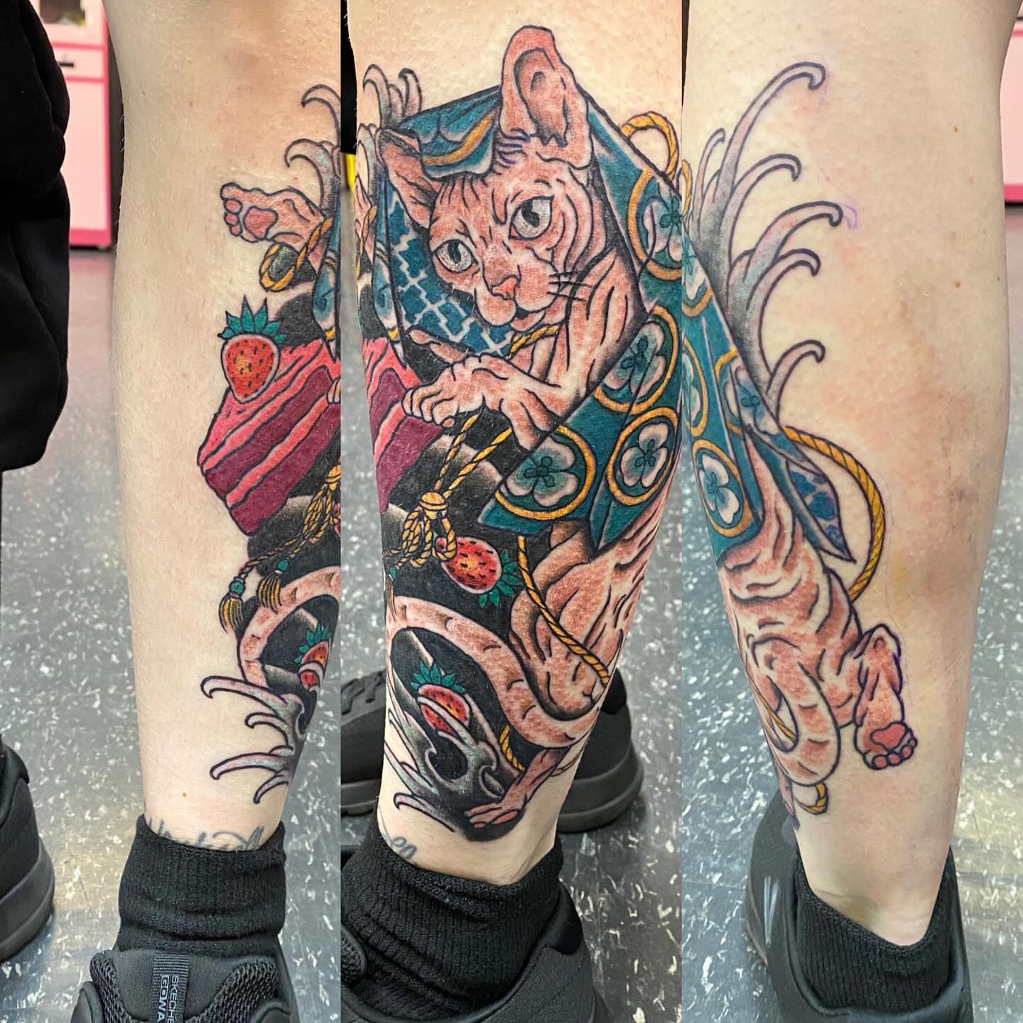 Cat with samurai armor American traditional tattoo on the calf by Las Vegas Tattoo Artist