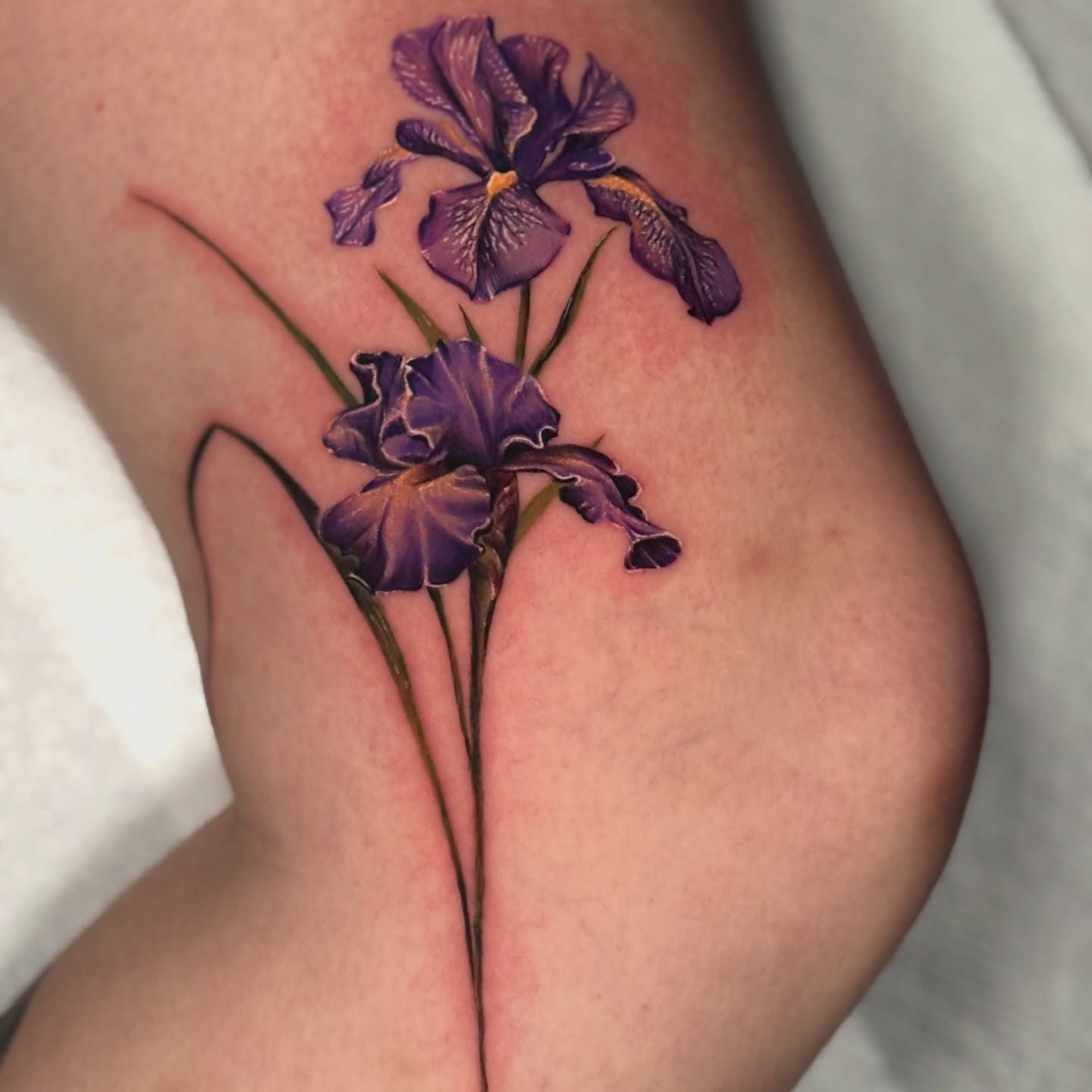 Iris flowers realism tattoo on the thigh by Indiana Tattoo Artist