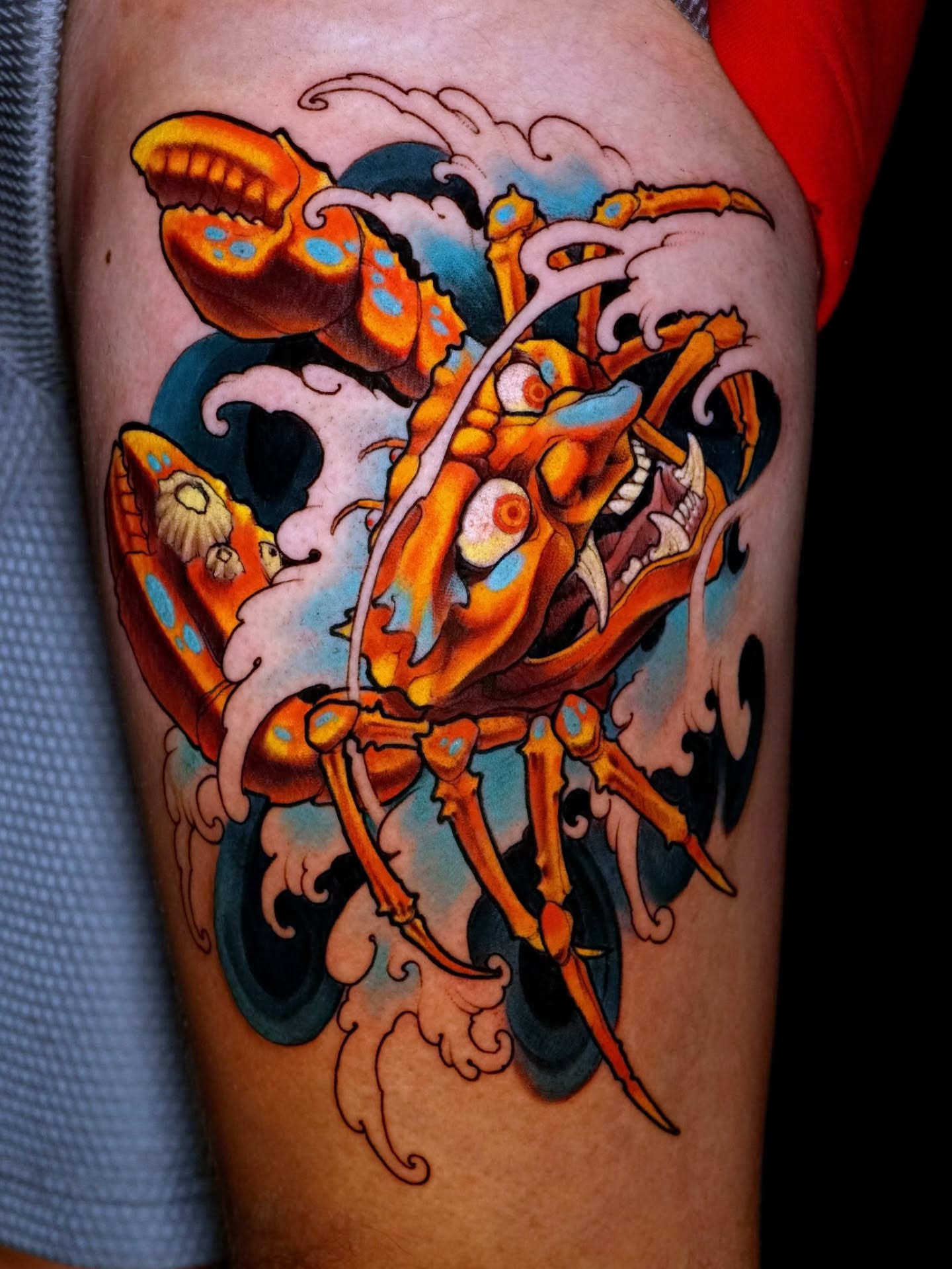 Lobster American traditional tattoo on the thigh by Justin Byrd, Kansas City, Missouri
