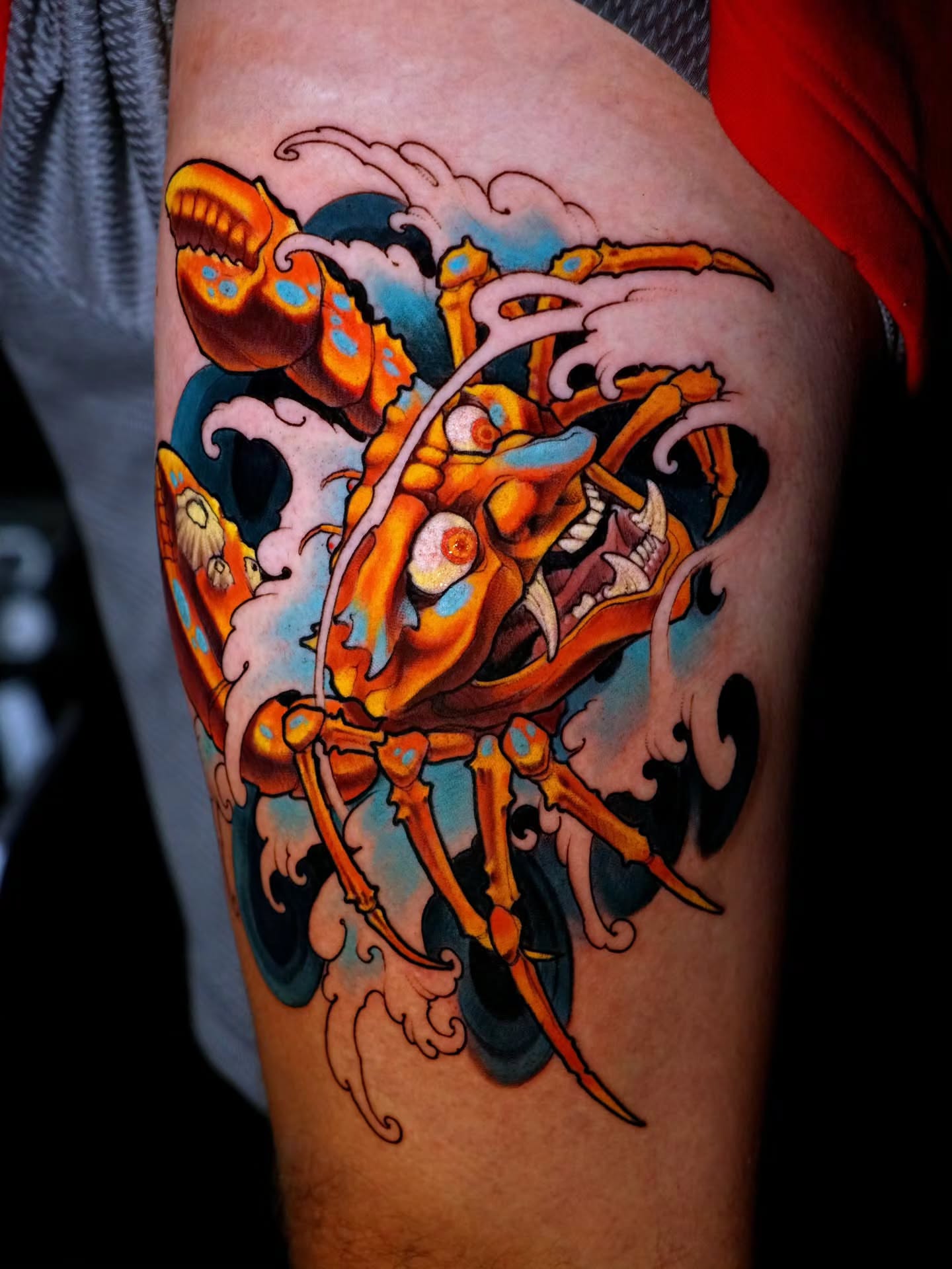 Monster American traditional tattoo on the thigh by Justin Byrd, Kansas City, Missouri