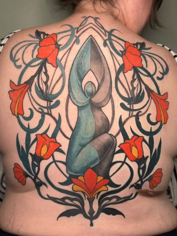 Candle and flowers new school tattoo on the back by Hi