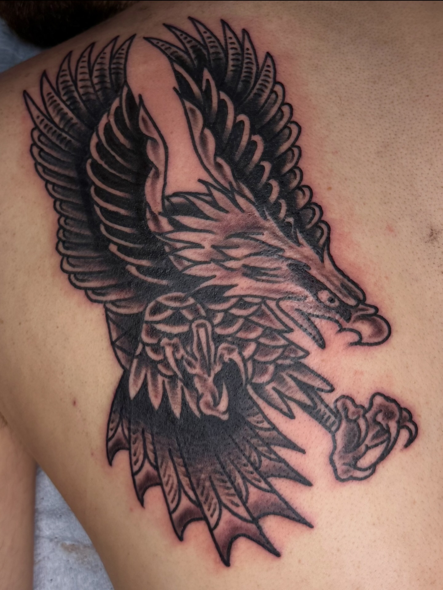 Eagle black and grey tattoo on the shoulder by Zac Clark