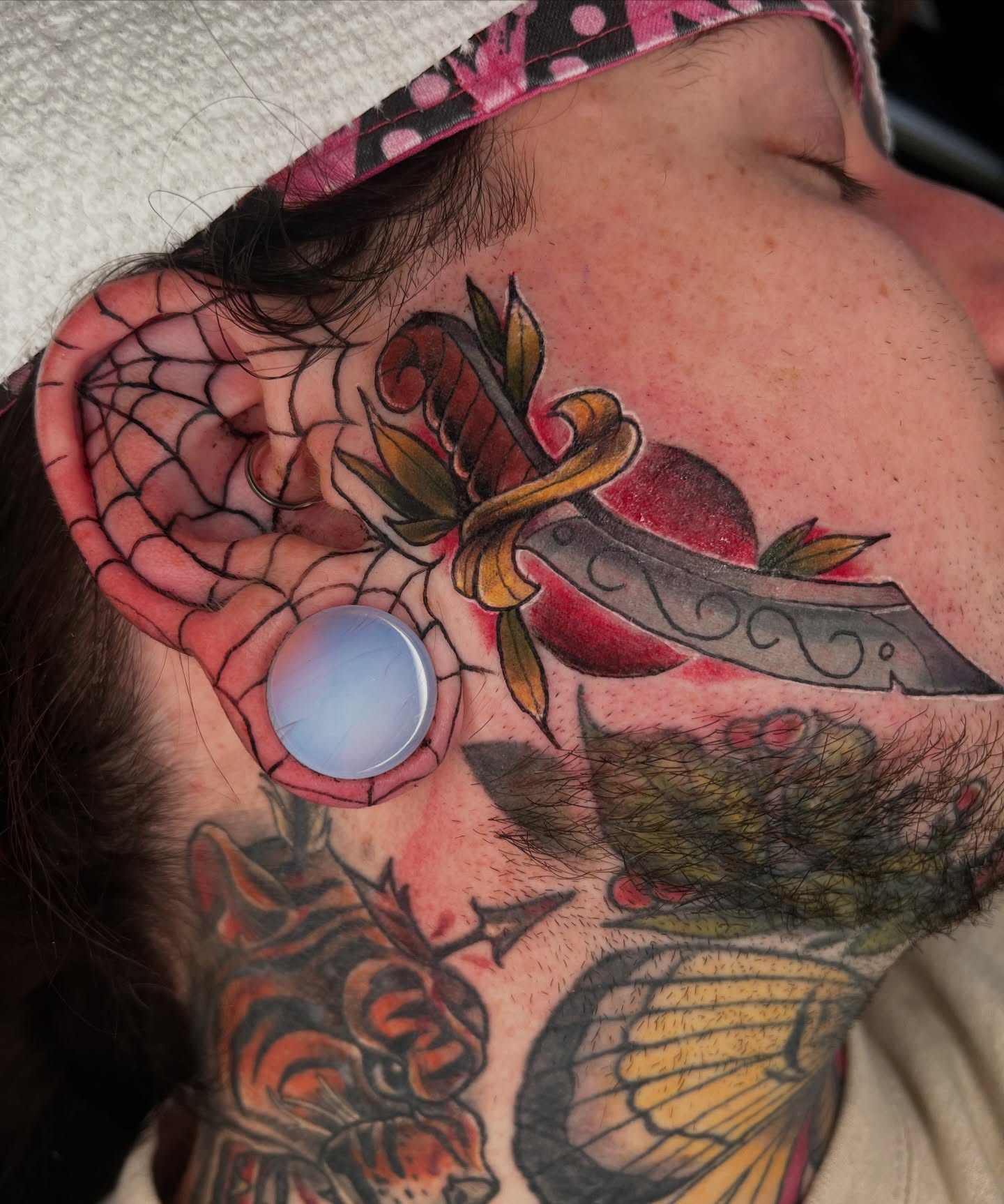 Dragonfly and banner American traditional tattoo on the shoulder by Brandon Durbin