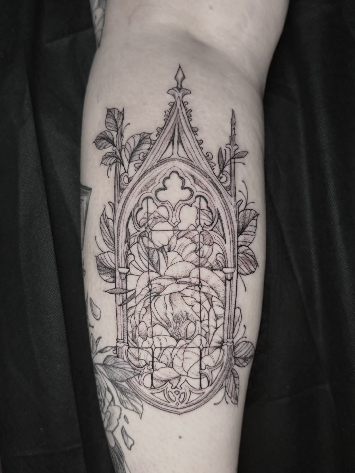 Gothic window ornamental tattoo on the forearm by Kelsey Kemp
