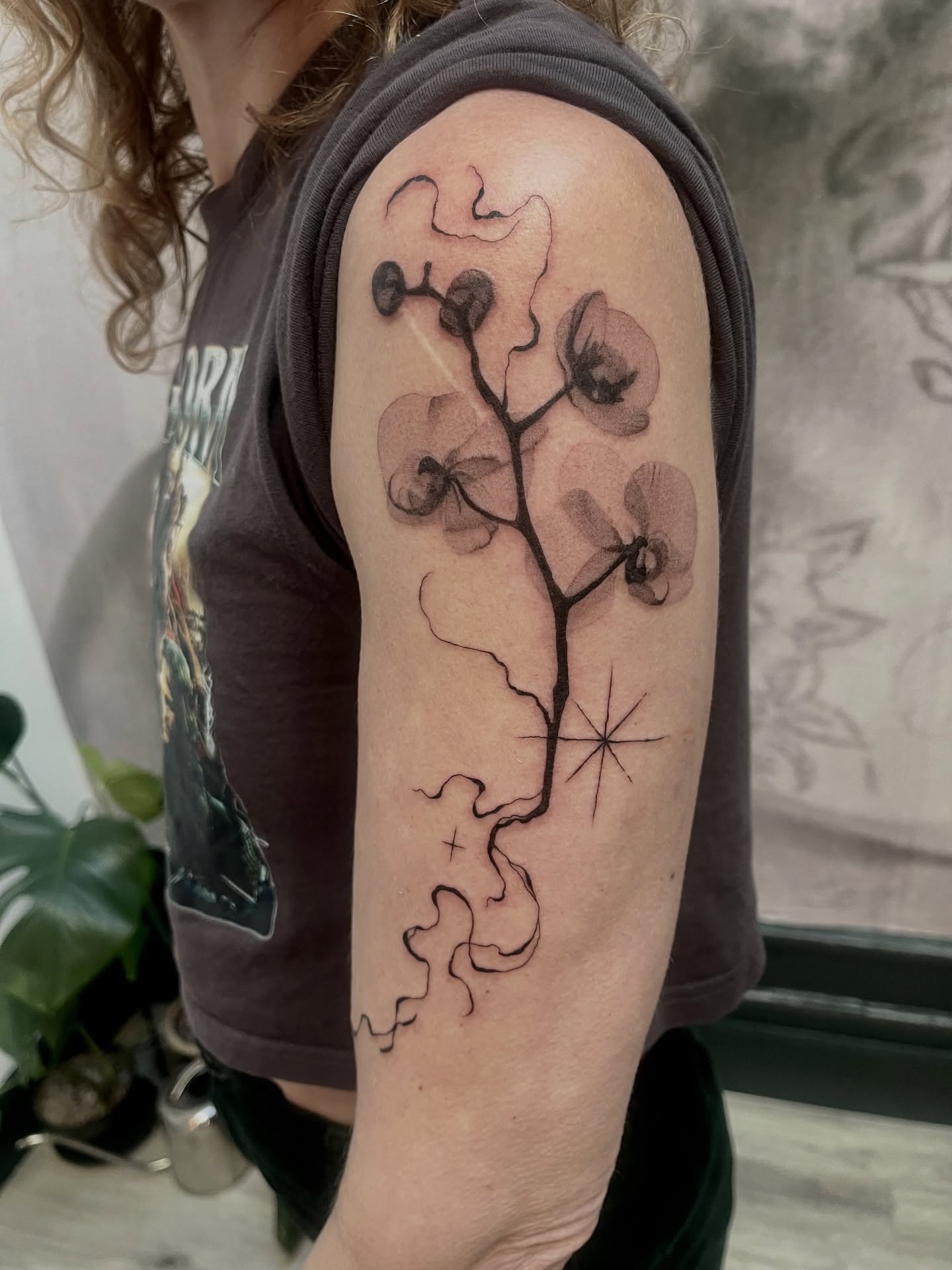 Orchid and star black and grey tattoo on the forearm by Lo Gwynn
