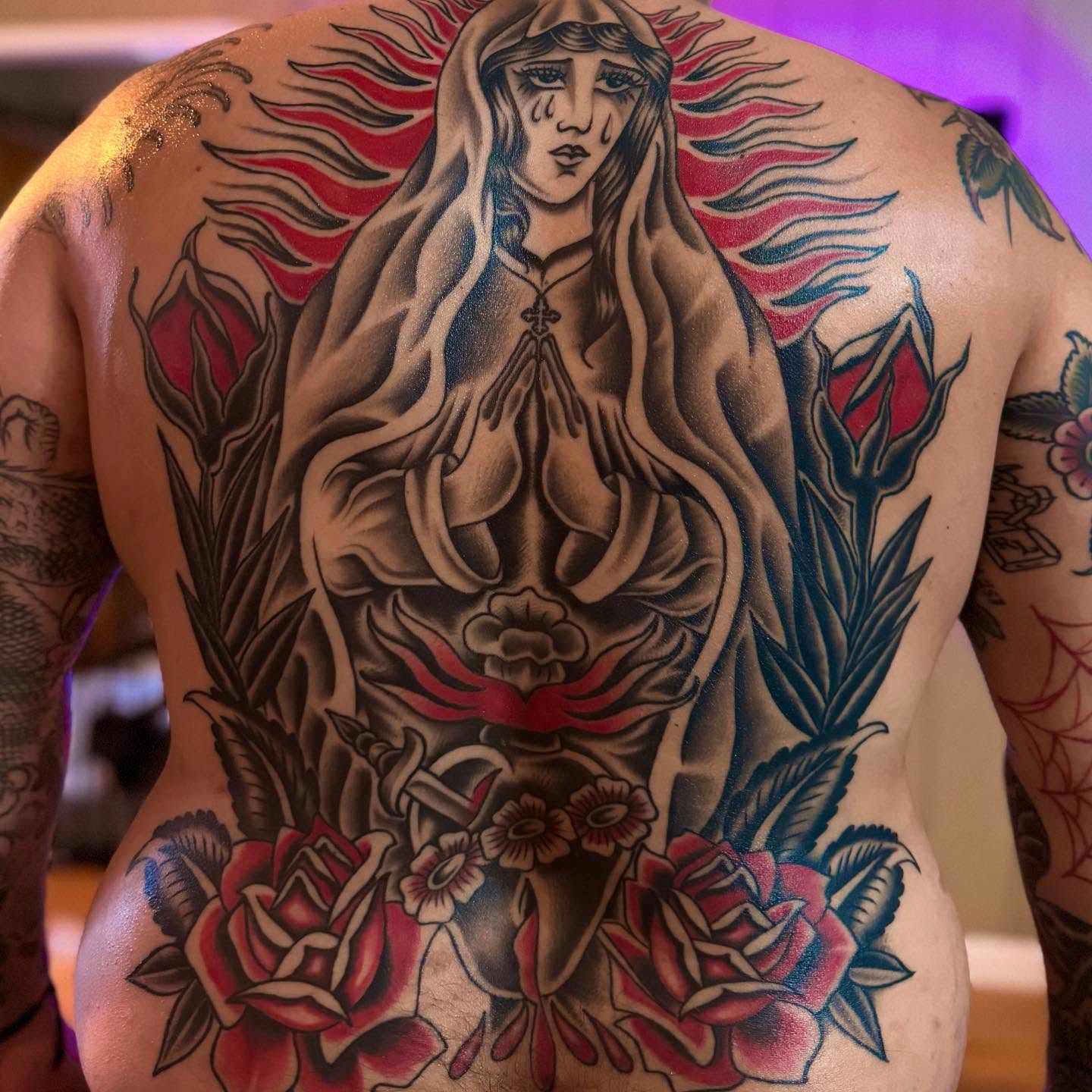 Our Lady of Guadalupe American traditional tattoo on the back by Brandon Heredia, Vacaville, California