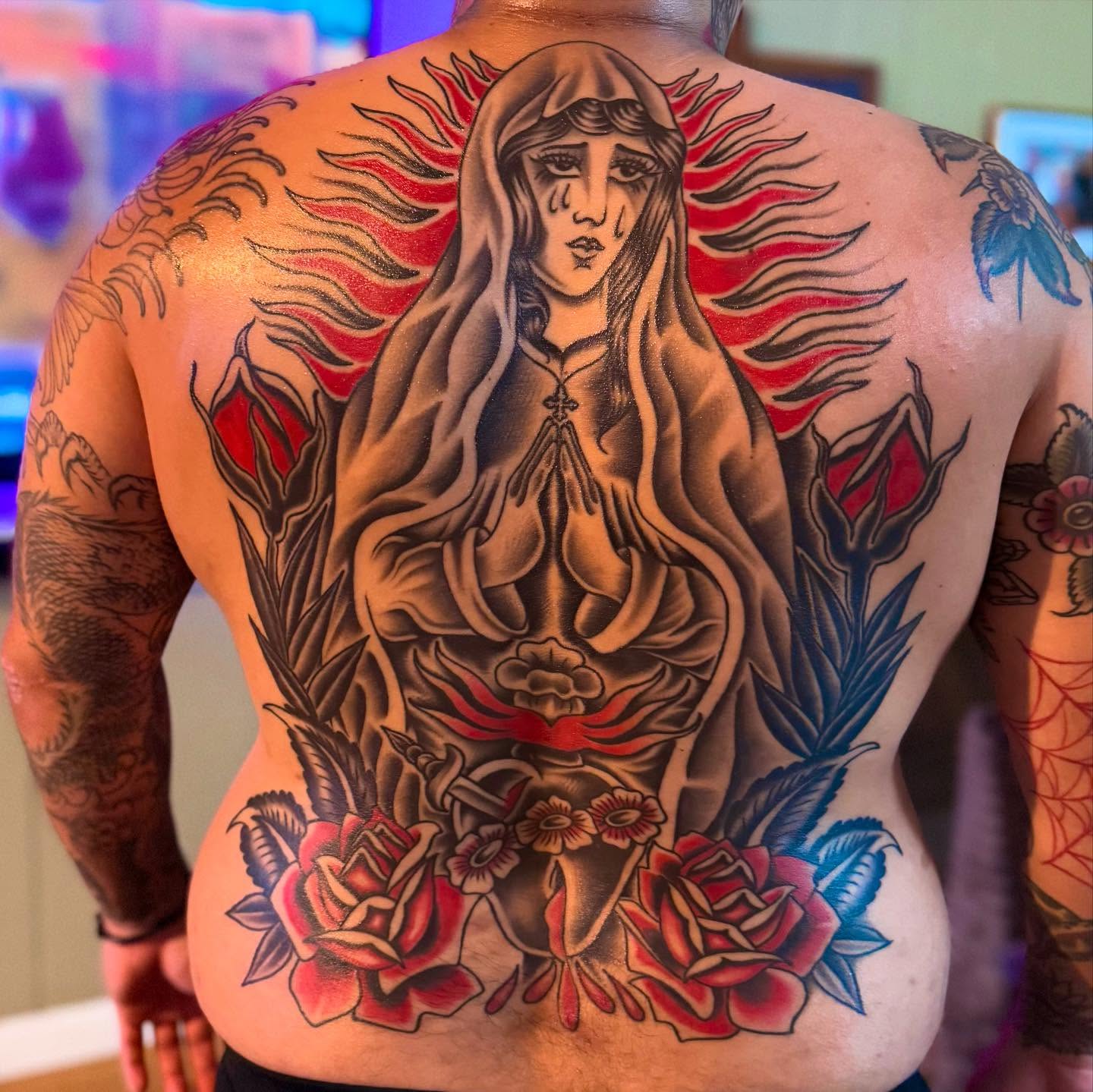 Virgin Mary American traditional tattoo on the back by Brandon Heredia, Vacaville, California