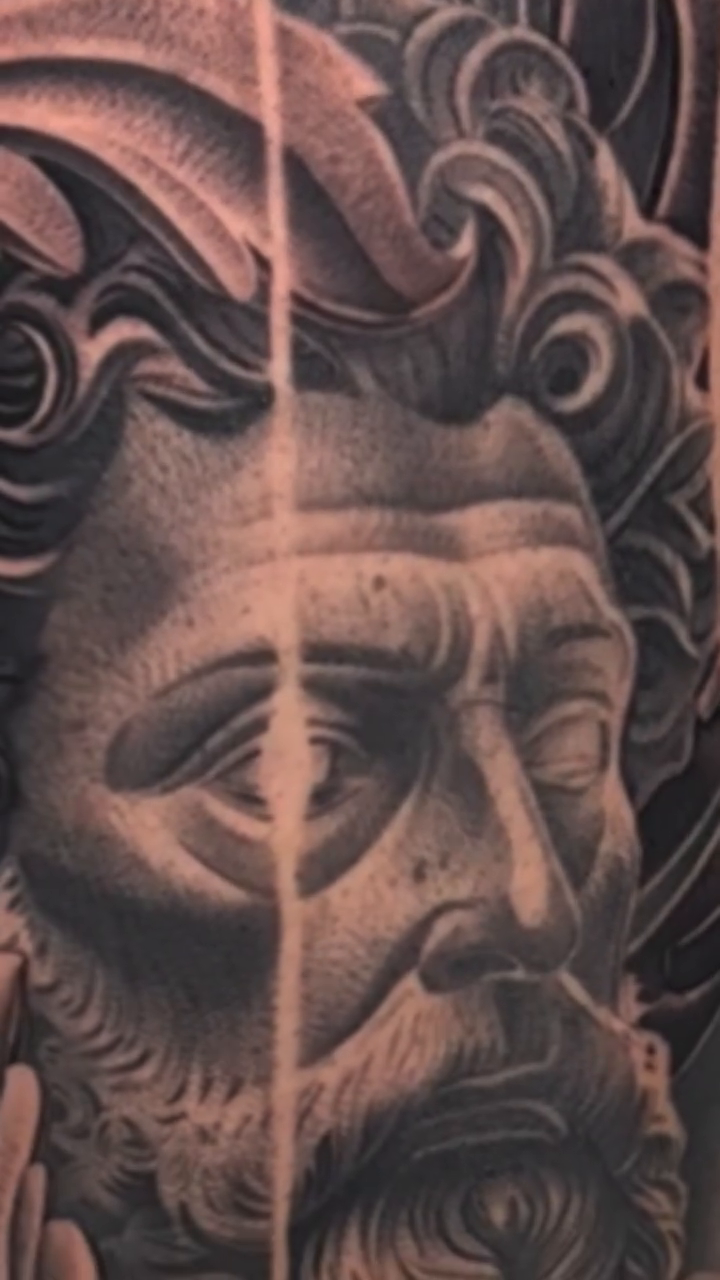 Bust of a classical figure realism tattoo by Kyle Lopez, Union City, California