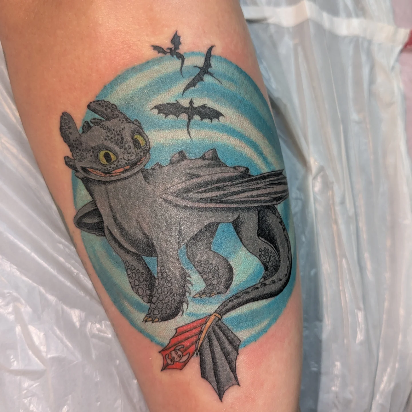 Night fury dotwork tattoo on the forearm by Jessica Thomas Fleischman, Morganton, North Carolina