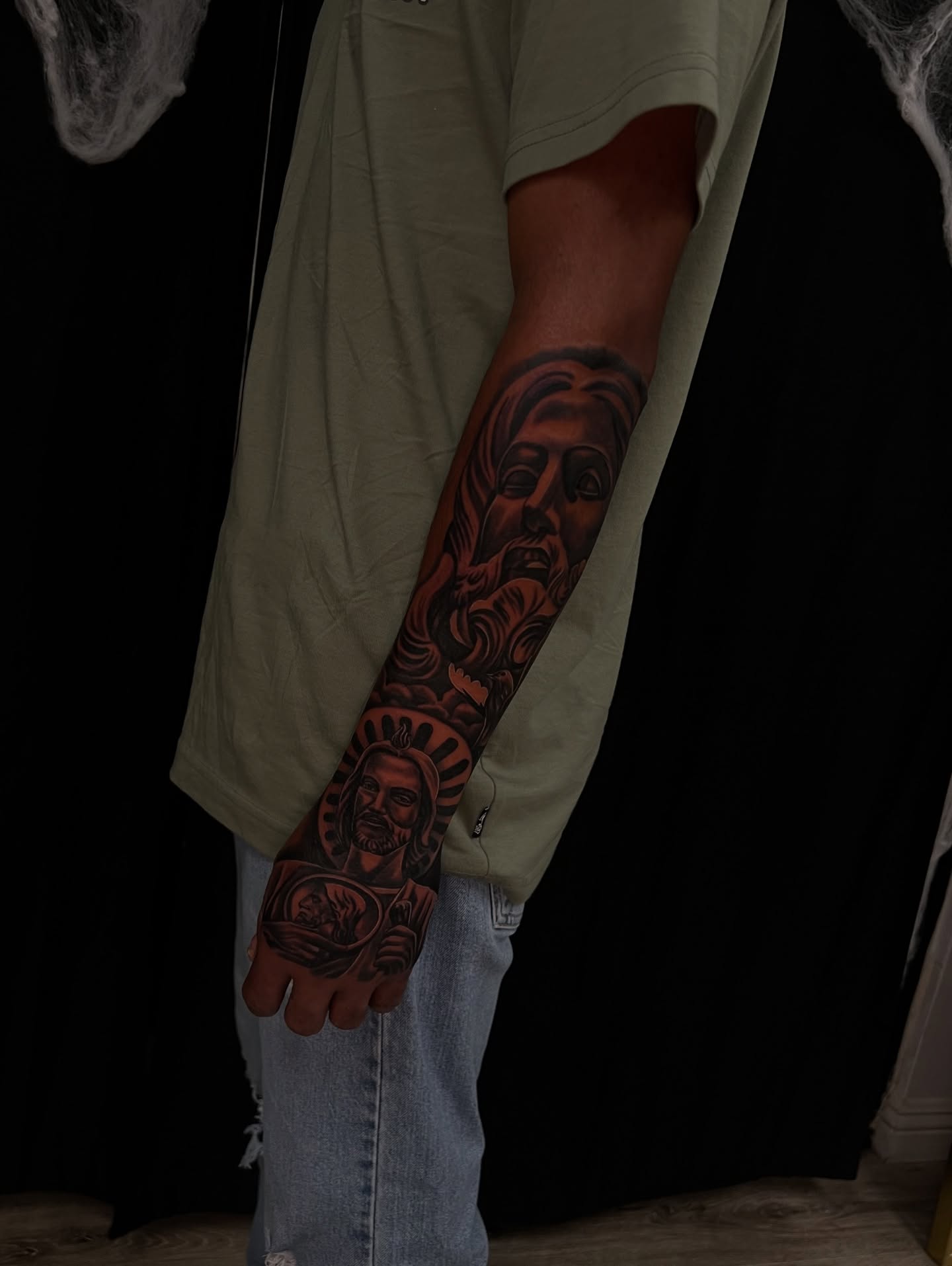 Bearded man American traditional tattoo on the forearm by Daniel Michael Perez