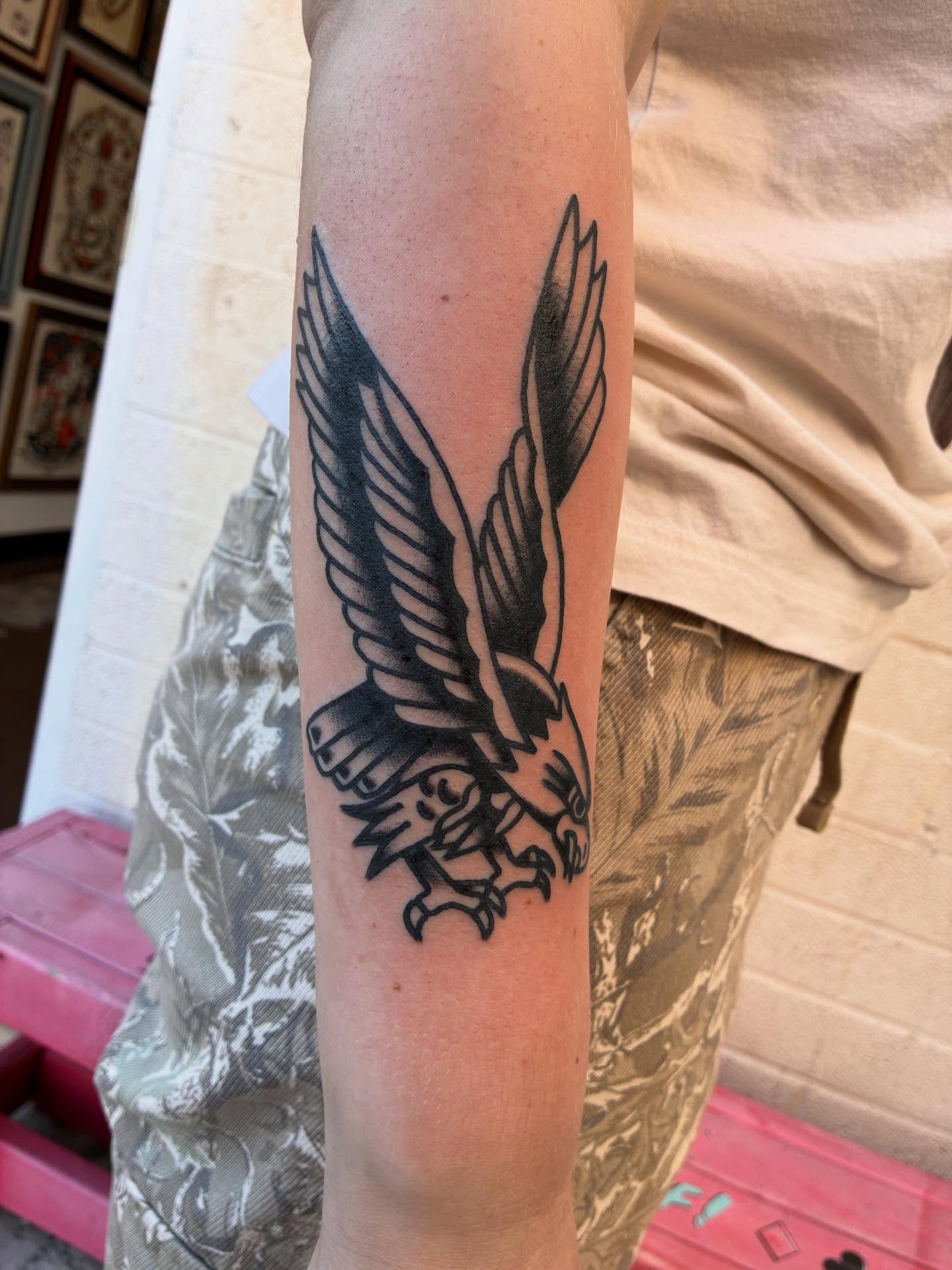 Eagle American traditional tattoo on the forearm by Chrissie