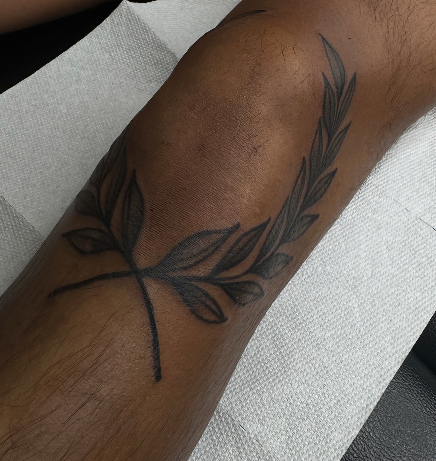 Olive branch black and grey tattoo on the forearm by Saffron Florea, Tiffin, Ohio