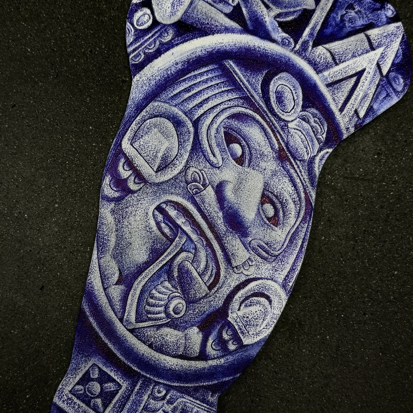 Mask dotwork tattoo on the forearm by Joey Moreno