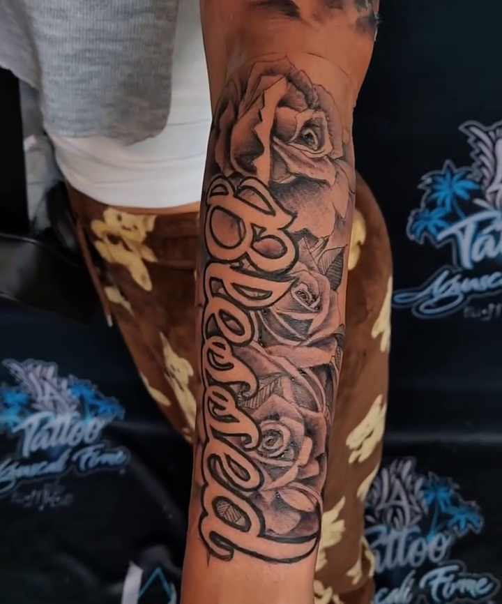 Blessed script with roses lettering script tattoo by Aguascali Firme