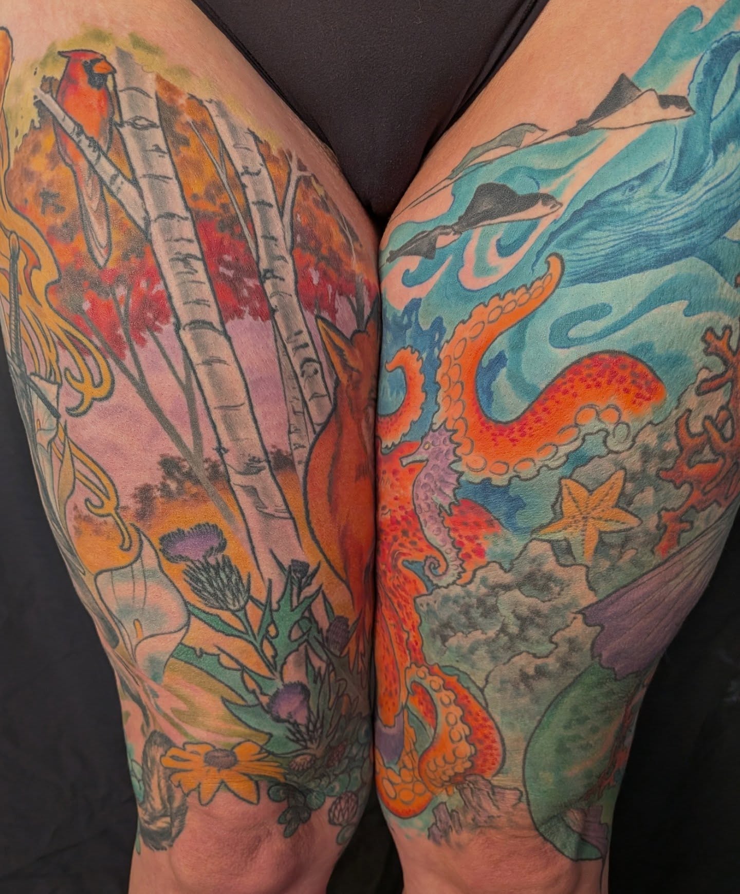 Forest and octopus new school tattoo on the thigh by Nic Skrade, Minneapolis, Minnesota