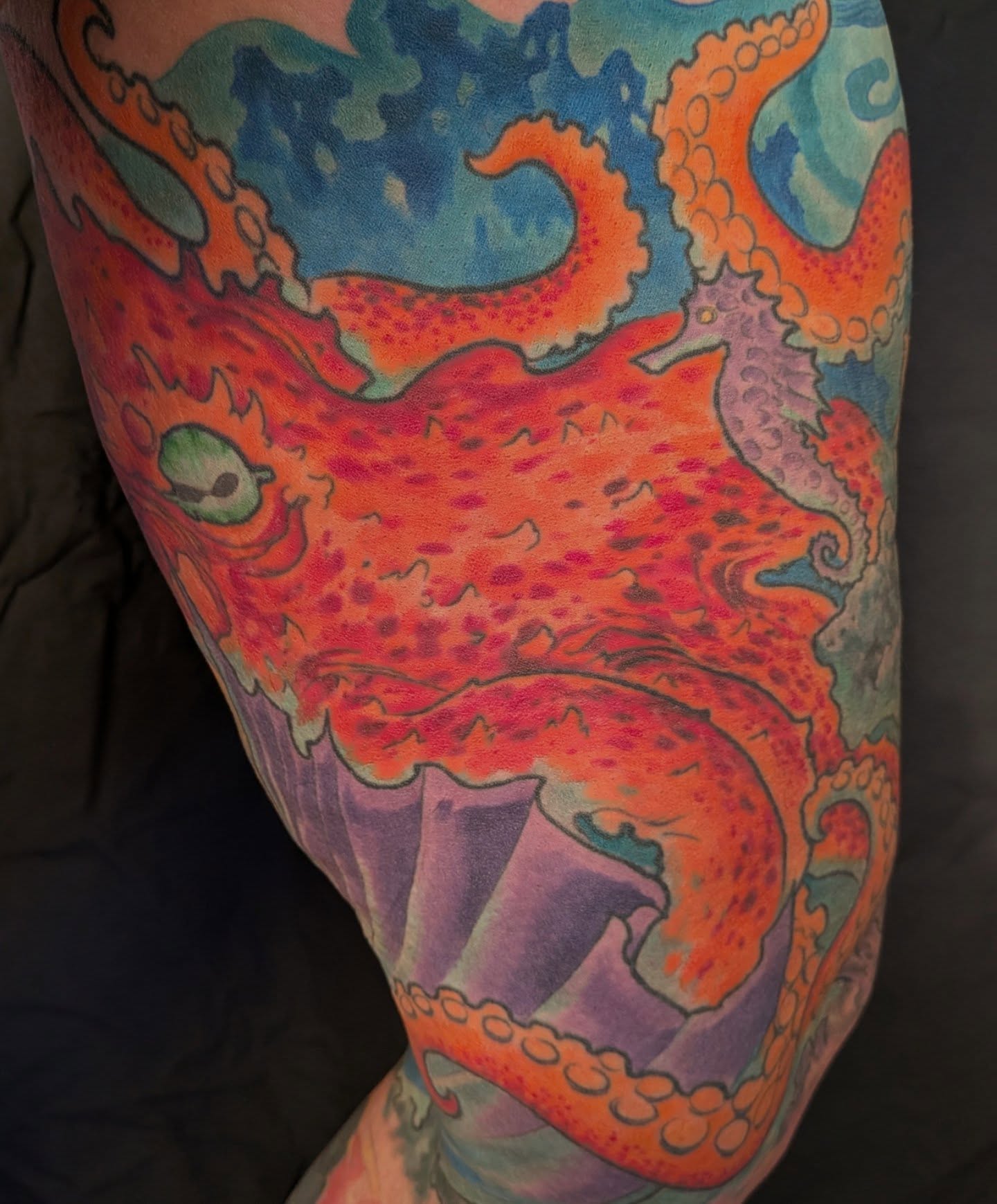 Octopus new school tattoo on the leg by Nic Skrade, Minneapolis, Minnesota