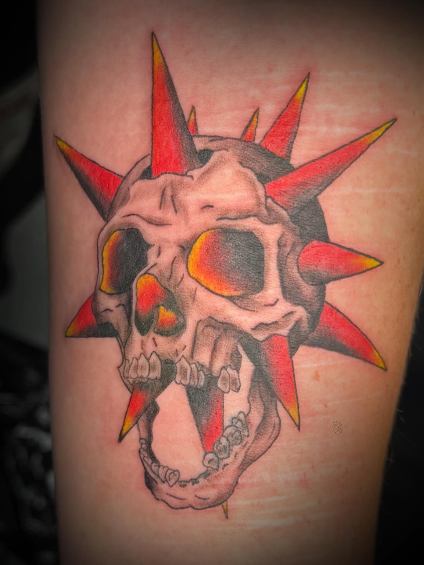Skull with spikes American traditional tattoo on the forearm by sᴋᴇᴛᴄʜᴇᴅ