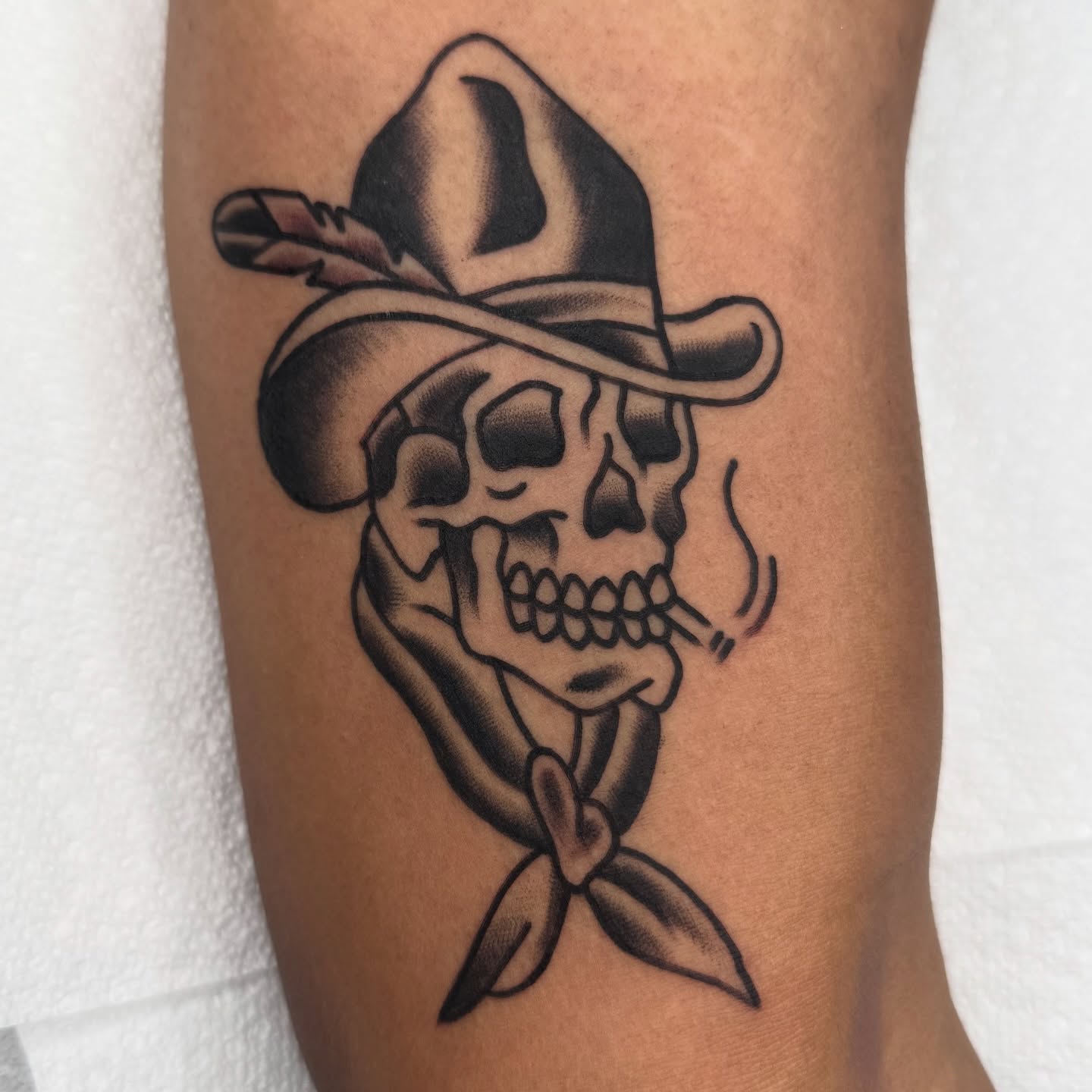 Cowboy skull American traditional tattoo on the forearm by Drew🕸️, Phoenix, Arizona