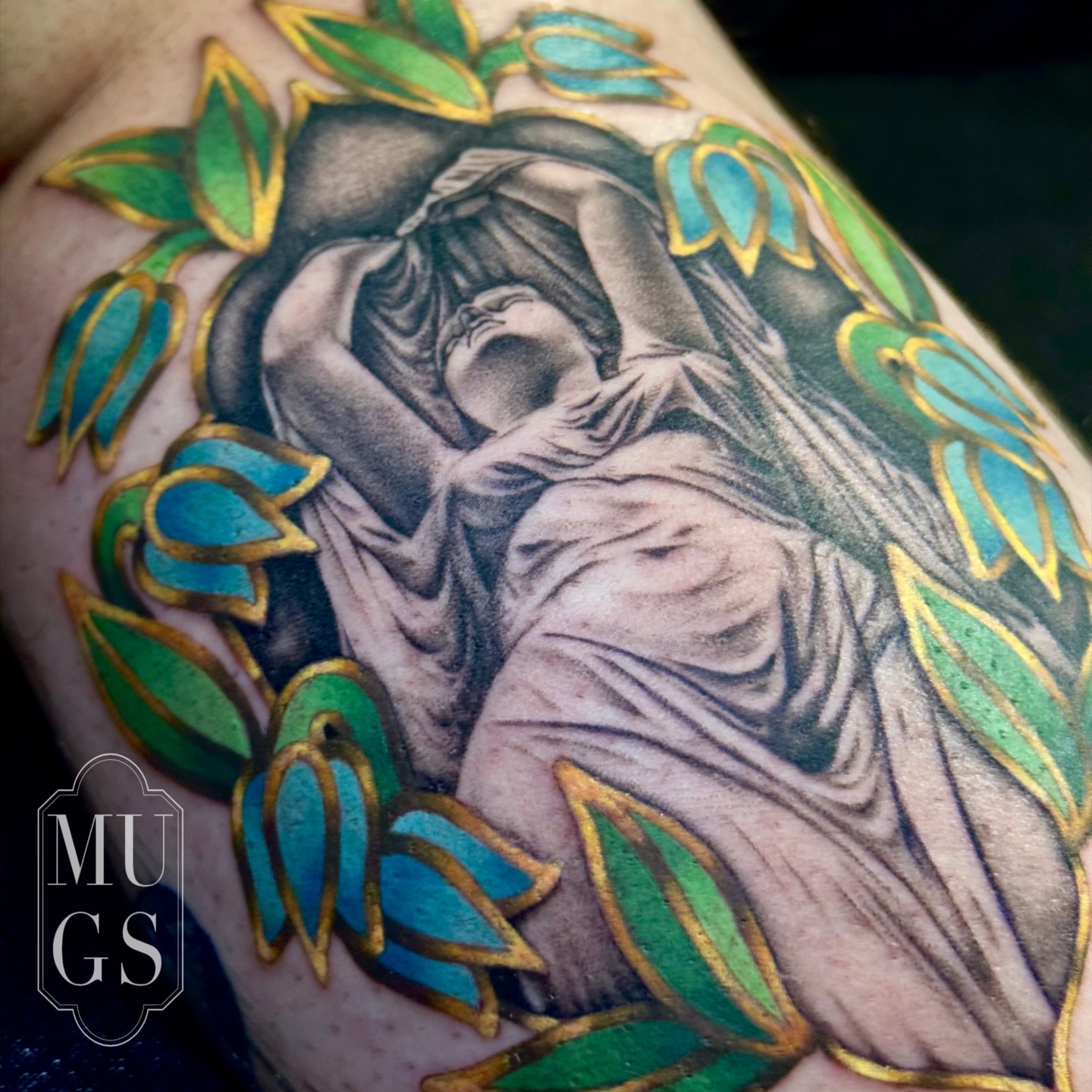 Weeping woman realism tattoo on the shoulder by Emily Andreozzi