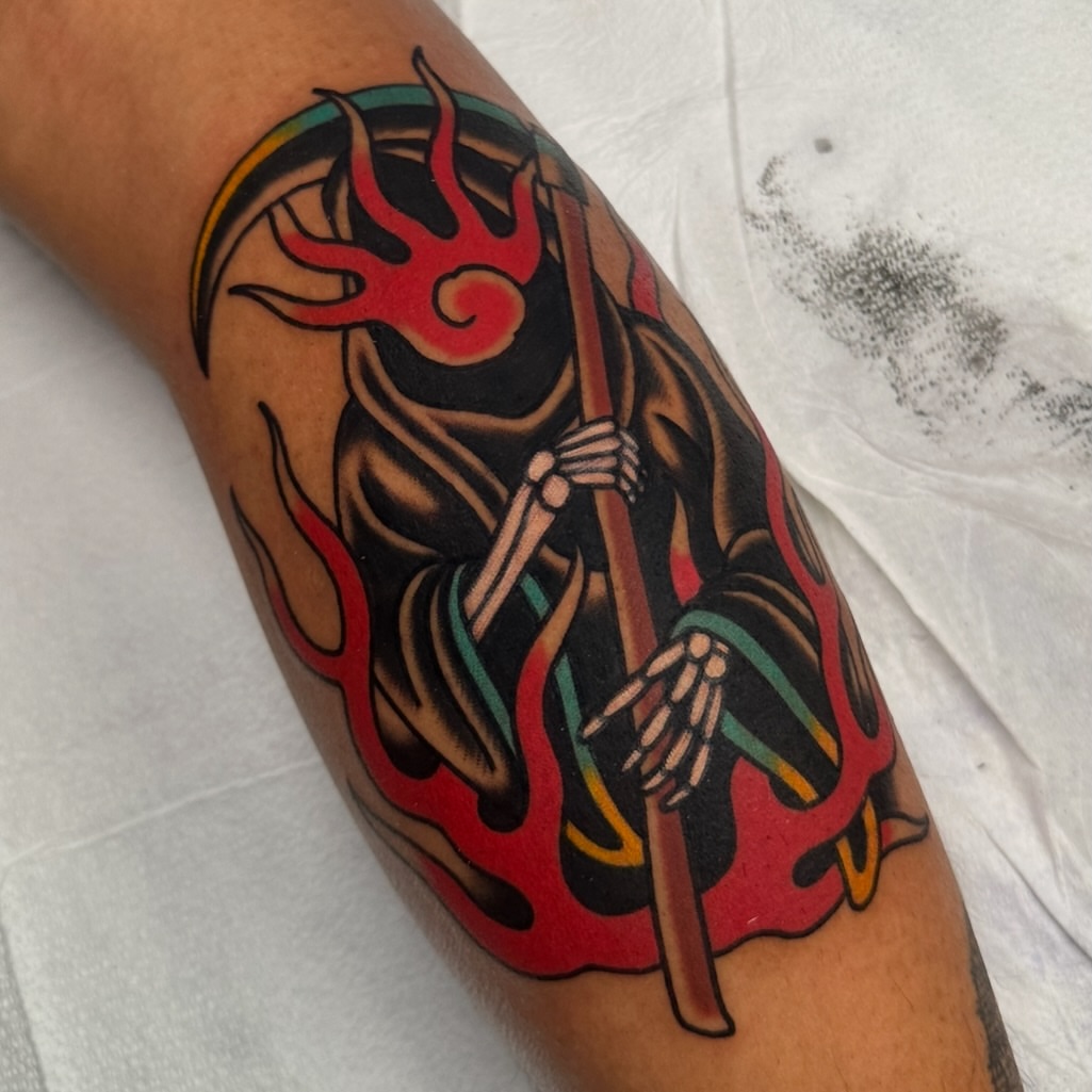 Grim reaper American traditional tattoo on the forearm by Schyler Ames, Canal Fulton, Ohio